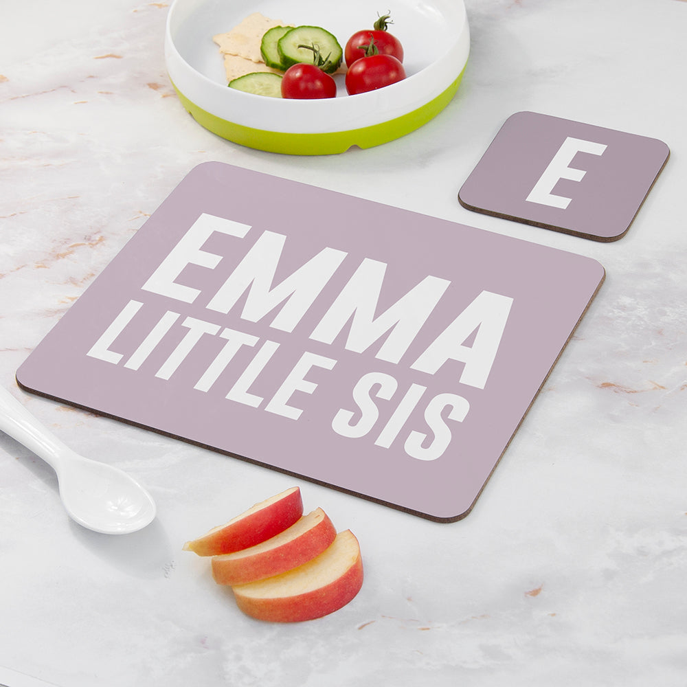 Personalised Girl’s Sis Placemat & Coaster Set: 4 - Little Sis - Placemats By Gift Moments