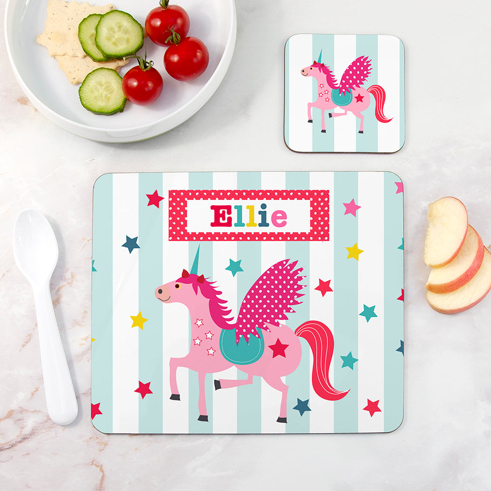 Personalised Girl’s Unicorn Placemat & Coaster Set: 1 - Placemats By Gift Moments