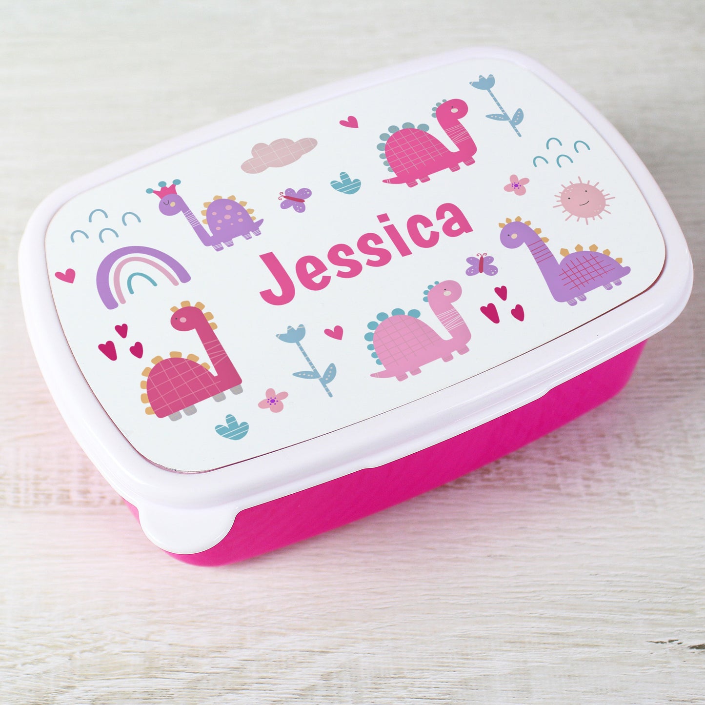 Personalised Girly Dinosaurs Name Only Pink Lunch Box: 3 - Lunch Boxes & Bags By Gift Moments