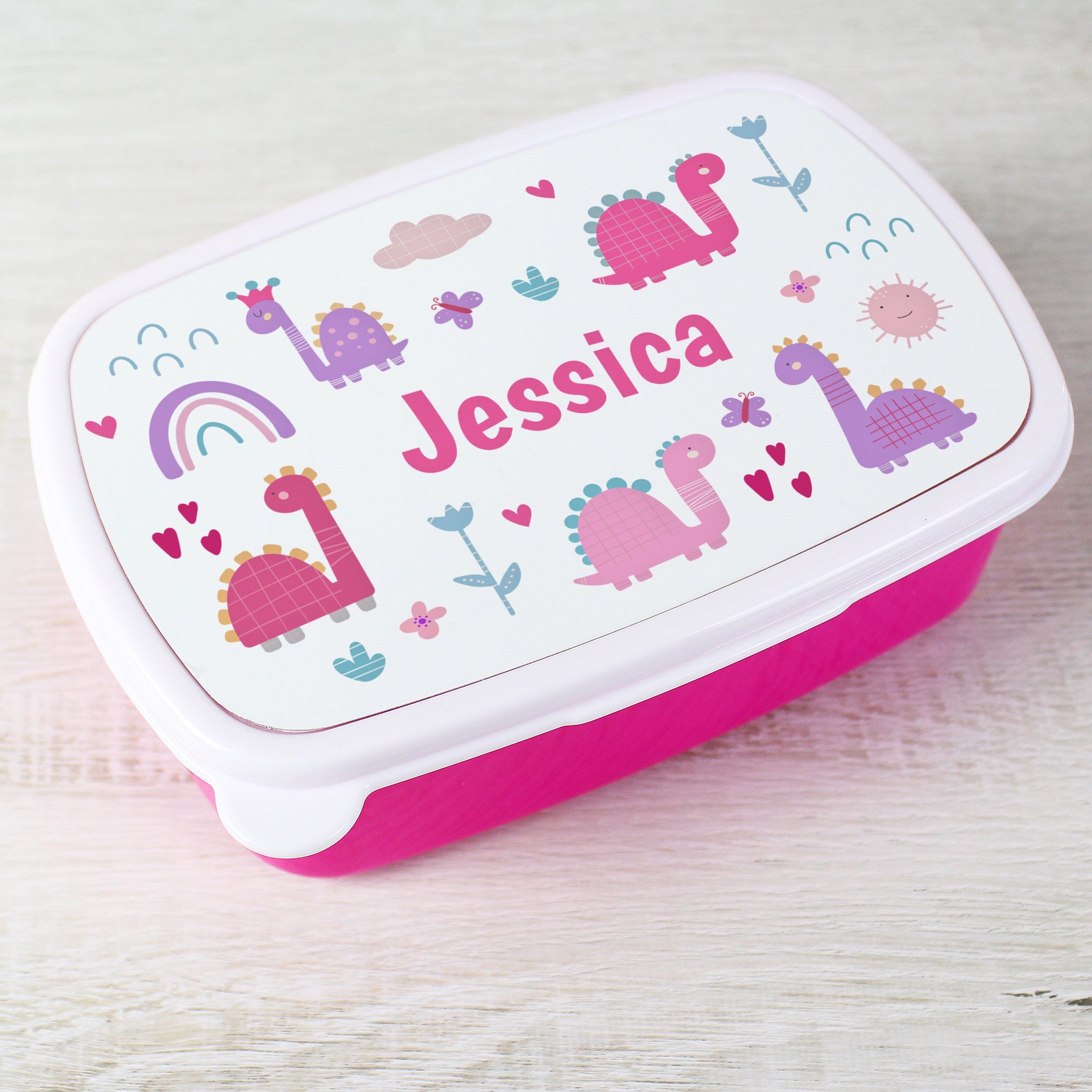 Personalised Girly Dinosaurs Name Only Pink Lunch Box: 3 - Lunch Boxes & Bags By Gift Moments