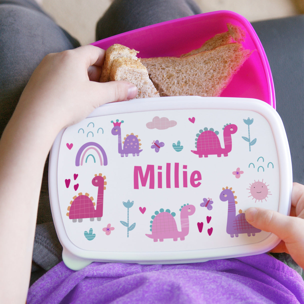 Personalised Girly Dinosaurs Name Only Pink Lunch Box: 2 - Lunch Boxes & Bags By Gift Moments
