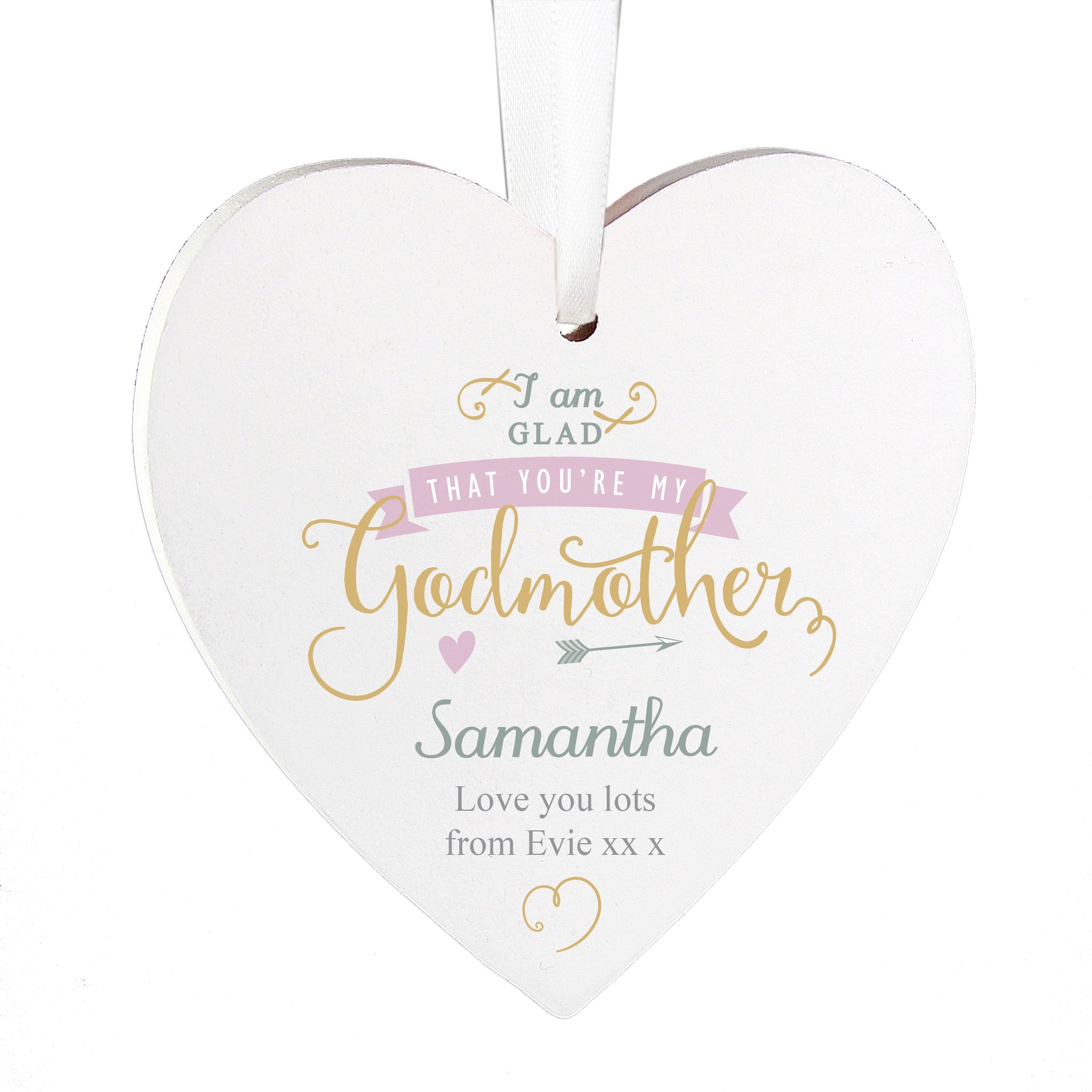 Personalised I Am Glad... Godmother Wooden Heart Decoration: 4 - Decorations By Gift Moments