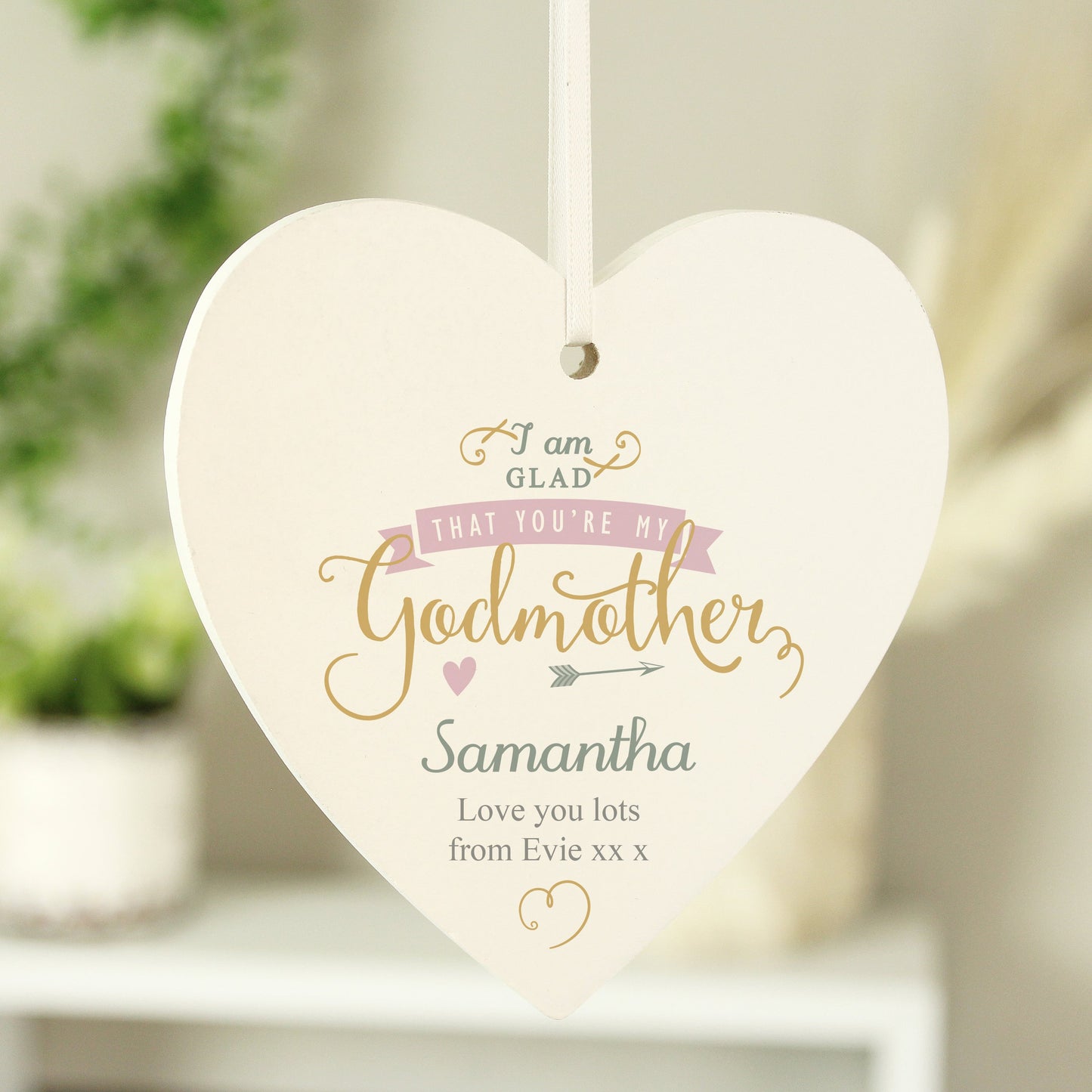 Personalised I Am Glad... Godmother Wooden Heart Decoration: 1 - Decorations By Gift Moments