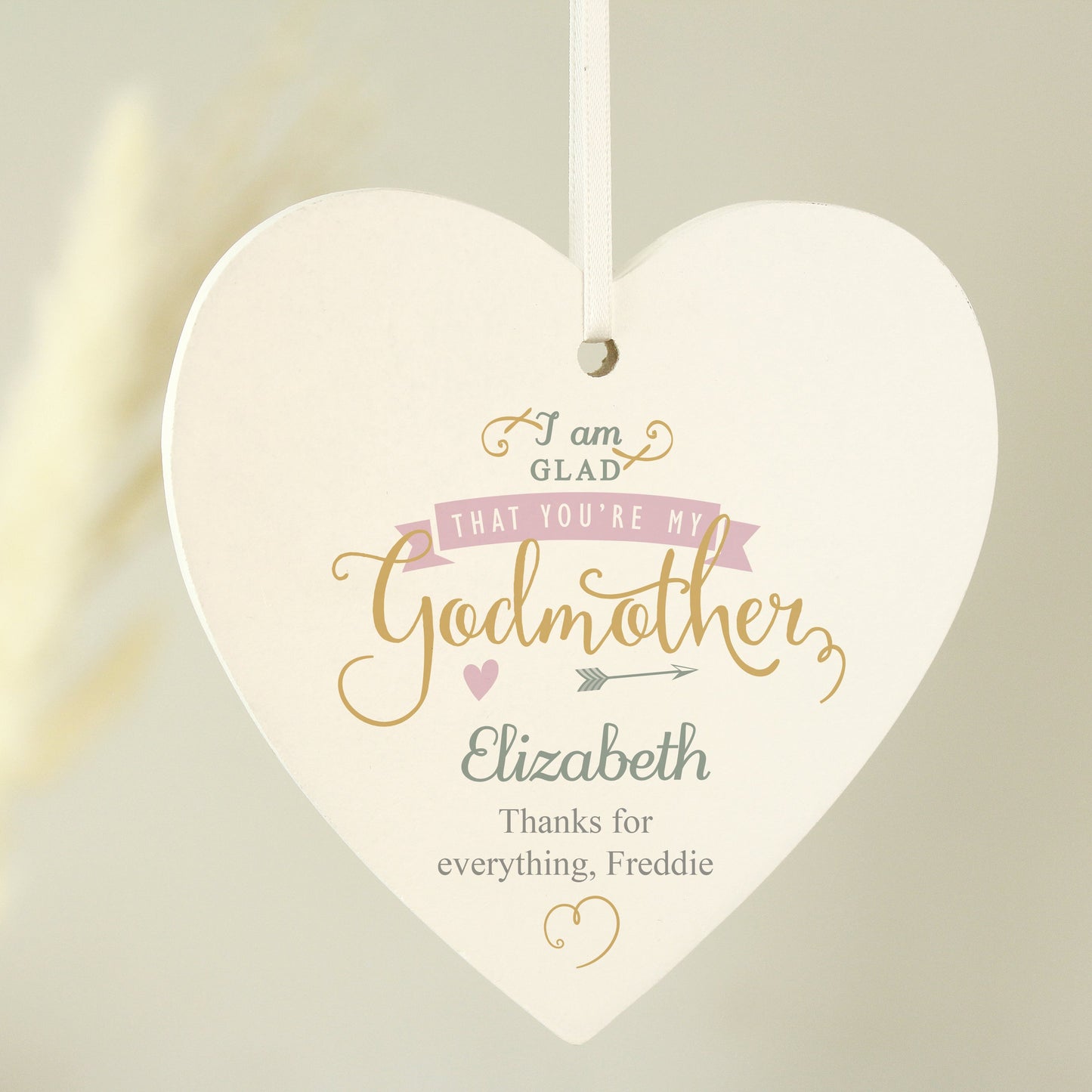 Personalised I Am Glad... Godmother Wooden Heart Decoration: 3 - Decorations By Gift Moments