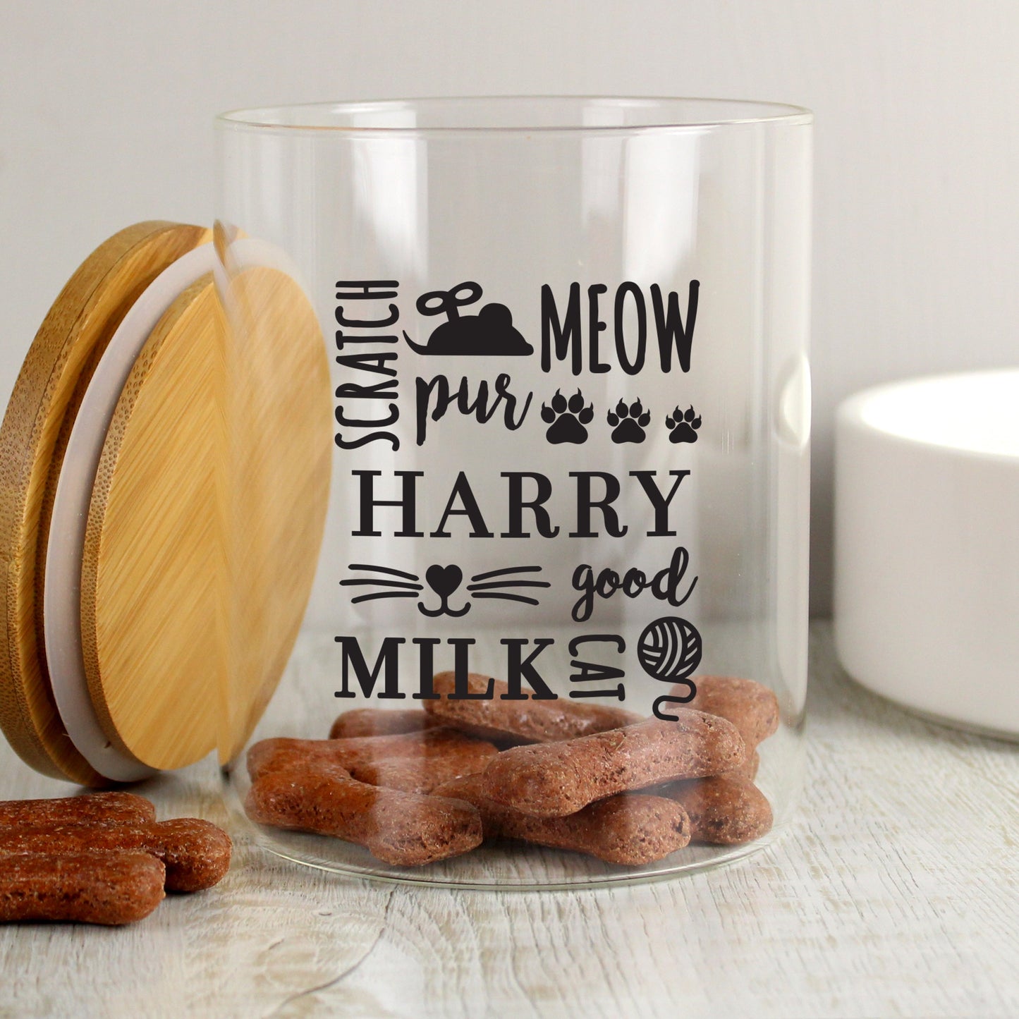Personalised Glass Cat Treat jar with Bamboo Lid: 2 - Pet Products By Gift Moments