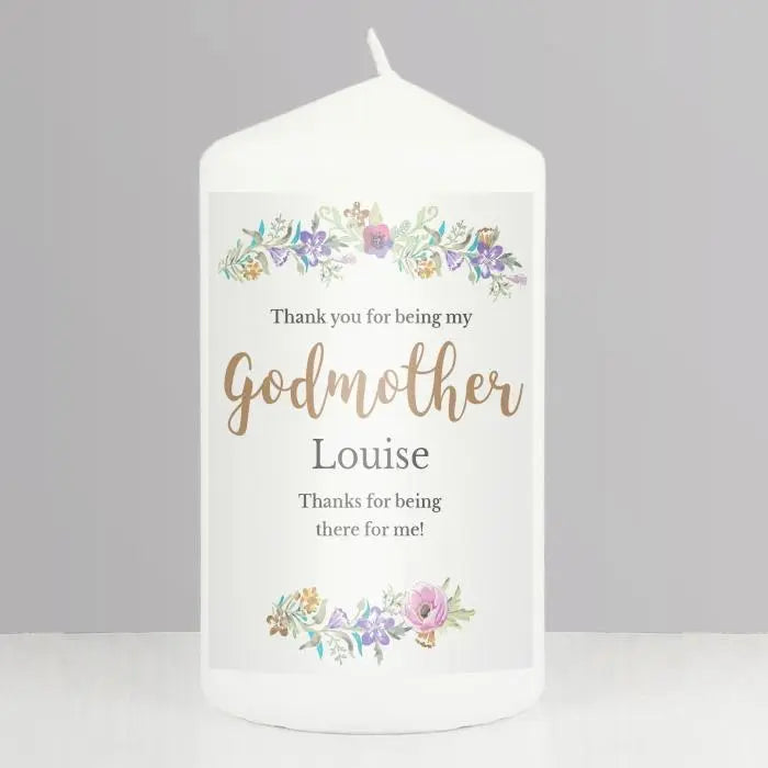 Personalised Godmother ’Floral Watercolour’ Pillar Candle: 3 - Candles By Gift Moments