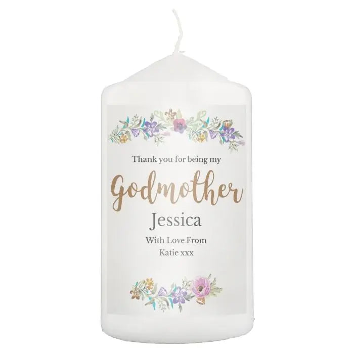 Personalised Godmother ’Floral Watercolour’ Pillar Candle: 2 - Candles By Gift Moments
