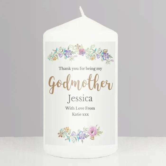 Personalised Godmother ’Floral Watercolour’ Pillar Candle: 1 - Candles By Gift Moments