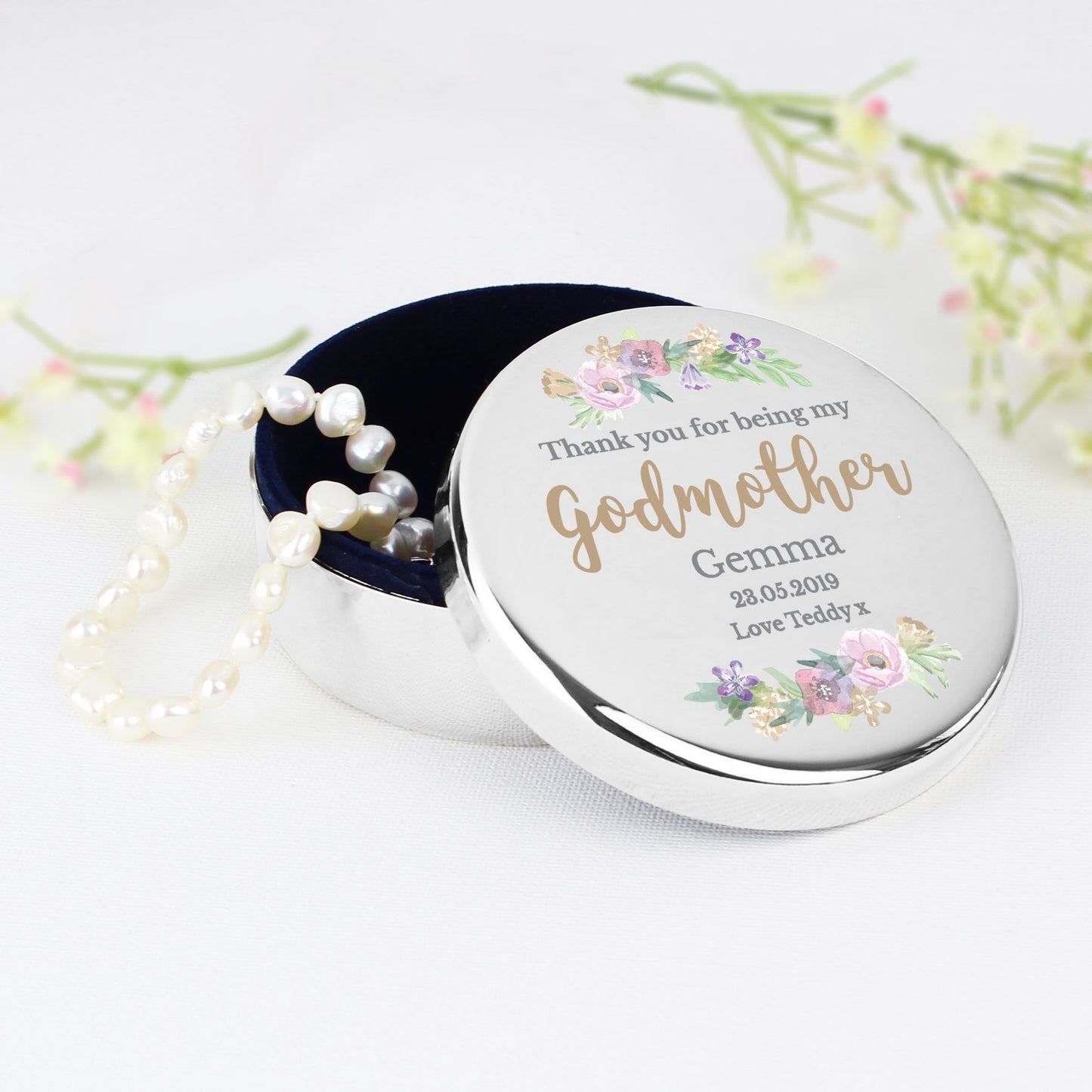 Personalised Godmother ’Floral Watercolour’ Round Trinket Box: 5 - Trinket Boxes By Gift Moments