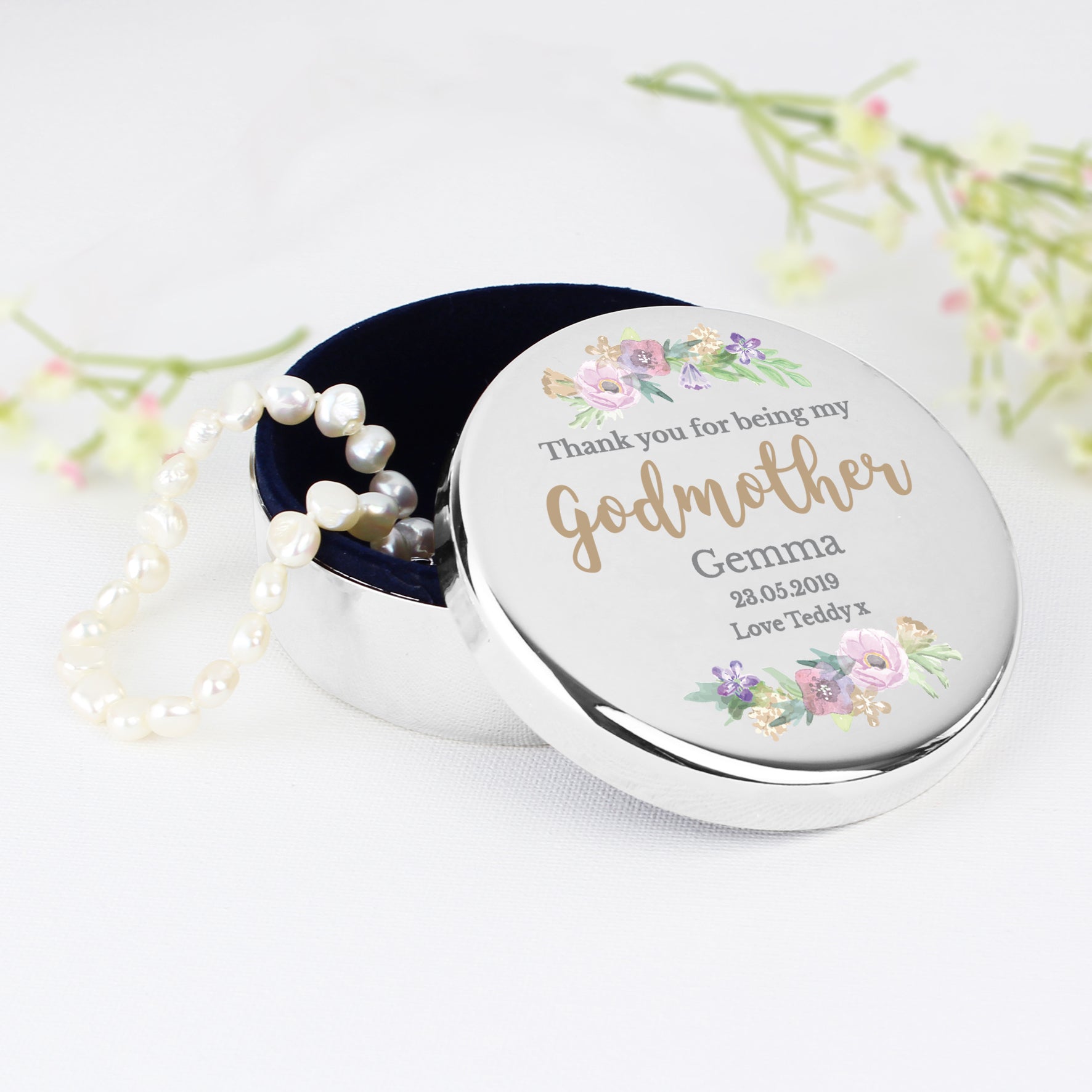 Personalised Godmother ’Floral Watercolour’ Round Trinket Box: 5 - Trinket Boxes By Gift Moments