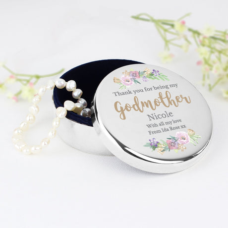 Personalised Godmother ’Floral Watercolour’ Round Trinket Box: 3 - Trinket Boxes By Gift Moments