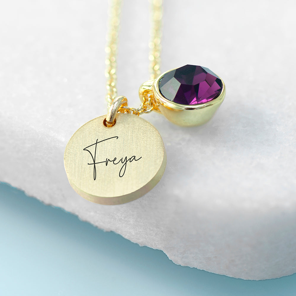 Personalised Gold Birthstone Crystal Disc Necklaces: 5 - February - Necklaces By Gift Moments
