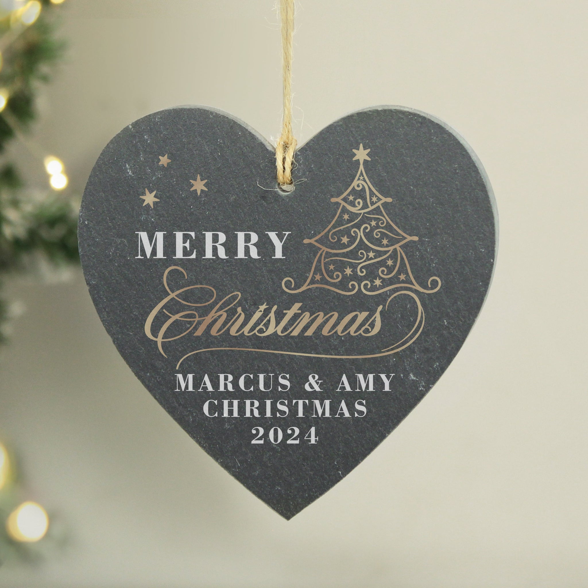 Personalised Gold Christmas Slate Heart Ornament: 2 - Christmas Decorations By Gift Moments