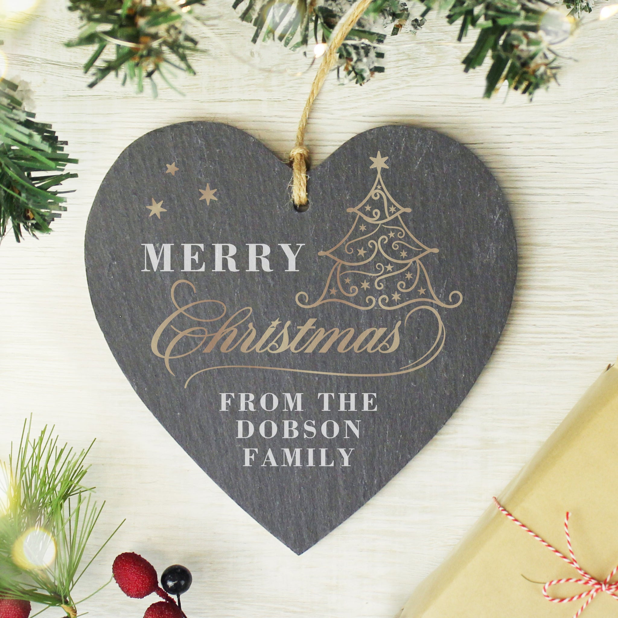 Personalised Gold Christmas Slate Heart Ornament: 3 - Christmas Decorations By Gift Moments