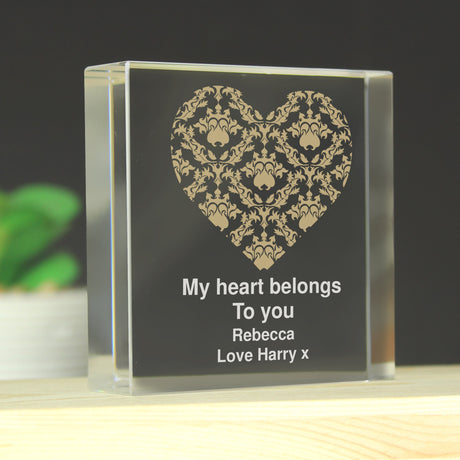 Personalised Gold Damask Heart Crystal Token: 4 - Crystal Tokens By Gift Moments