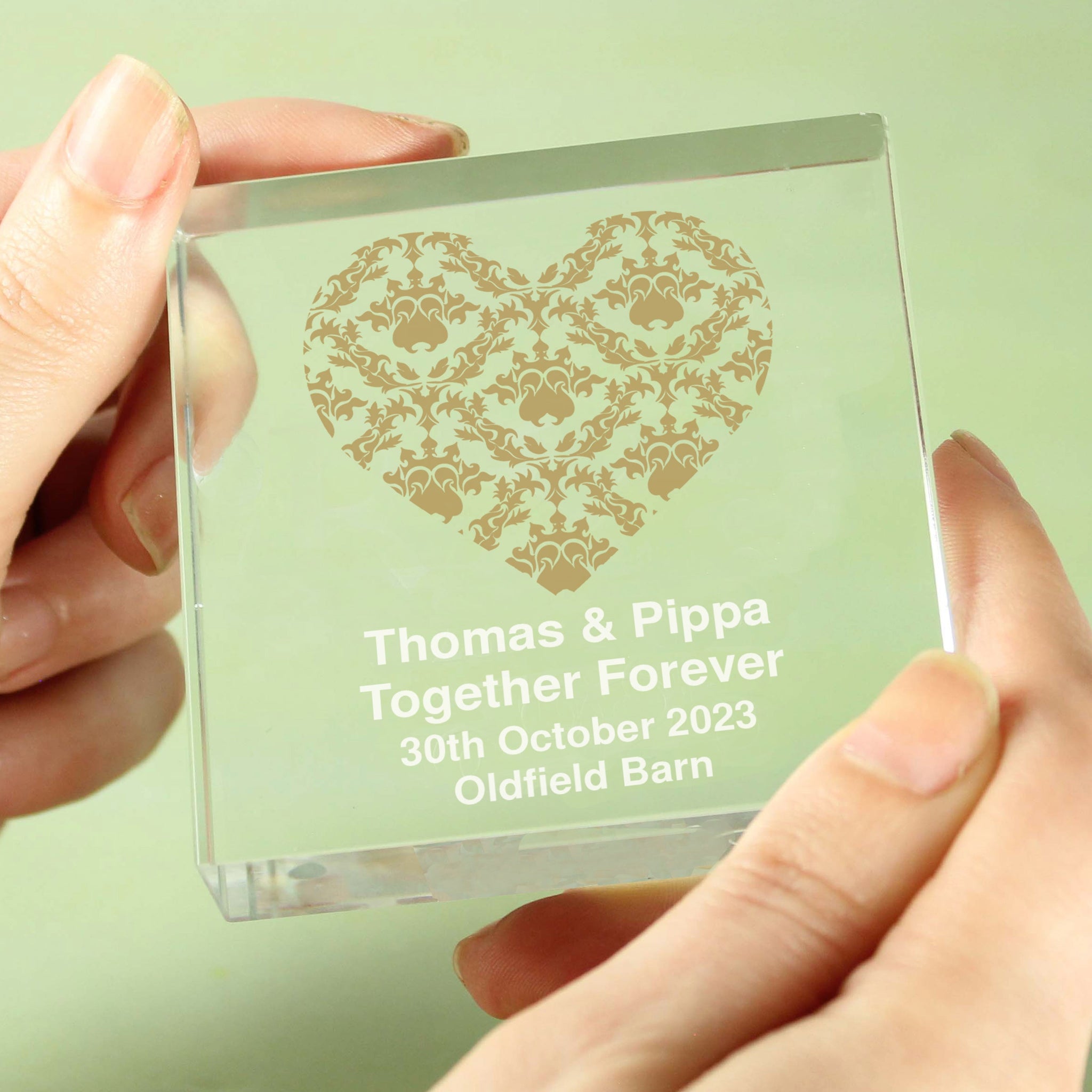 Personalised Gold Damask Heart Crystal Token: 3 - Crystal Tokens By Gift Moments
