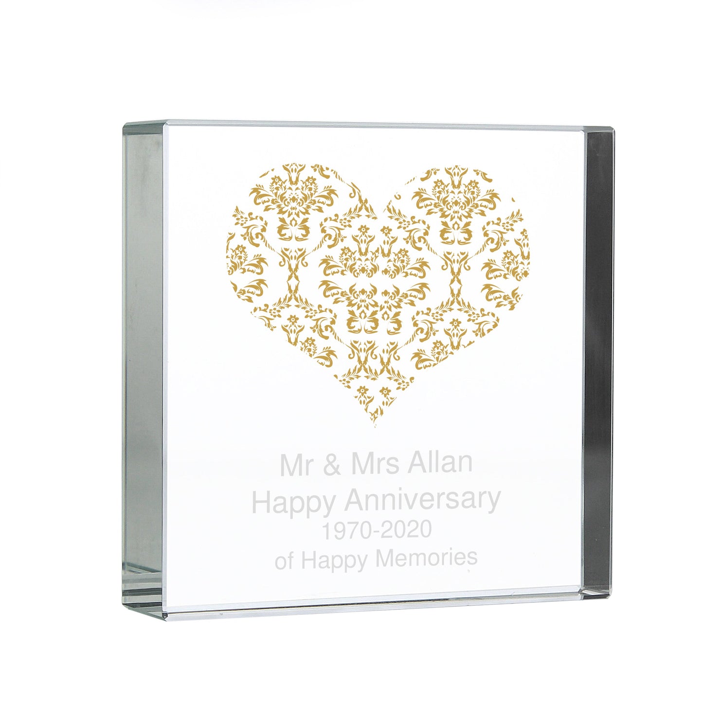 Personalised Gold Damask Heart Crystal Token: 5 - Crystal Tokens By Gift Moments