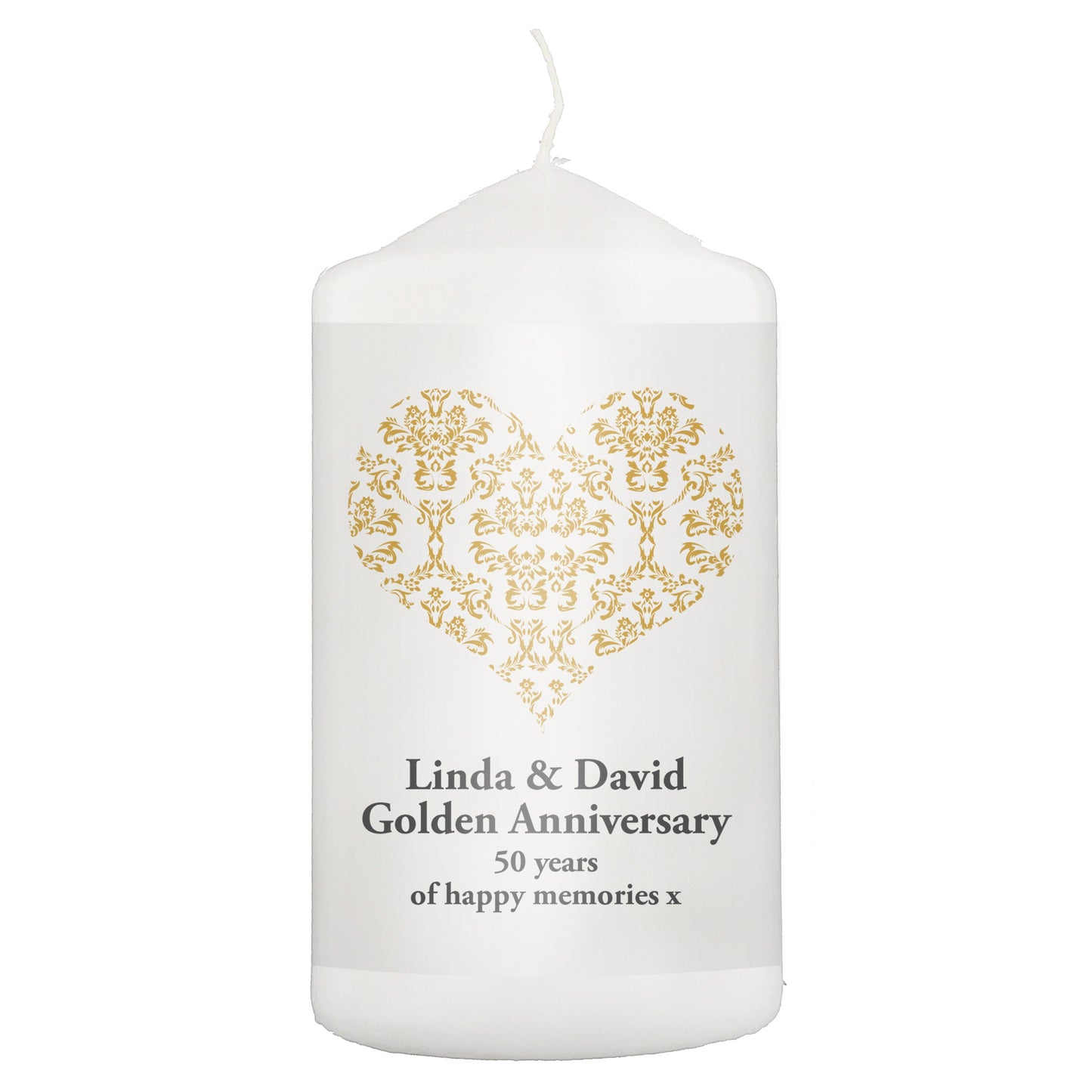 Personalised Gold Damask Heart Pillar Candle: 2 - Candles By Gift Moments