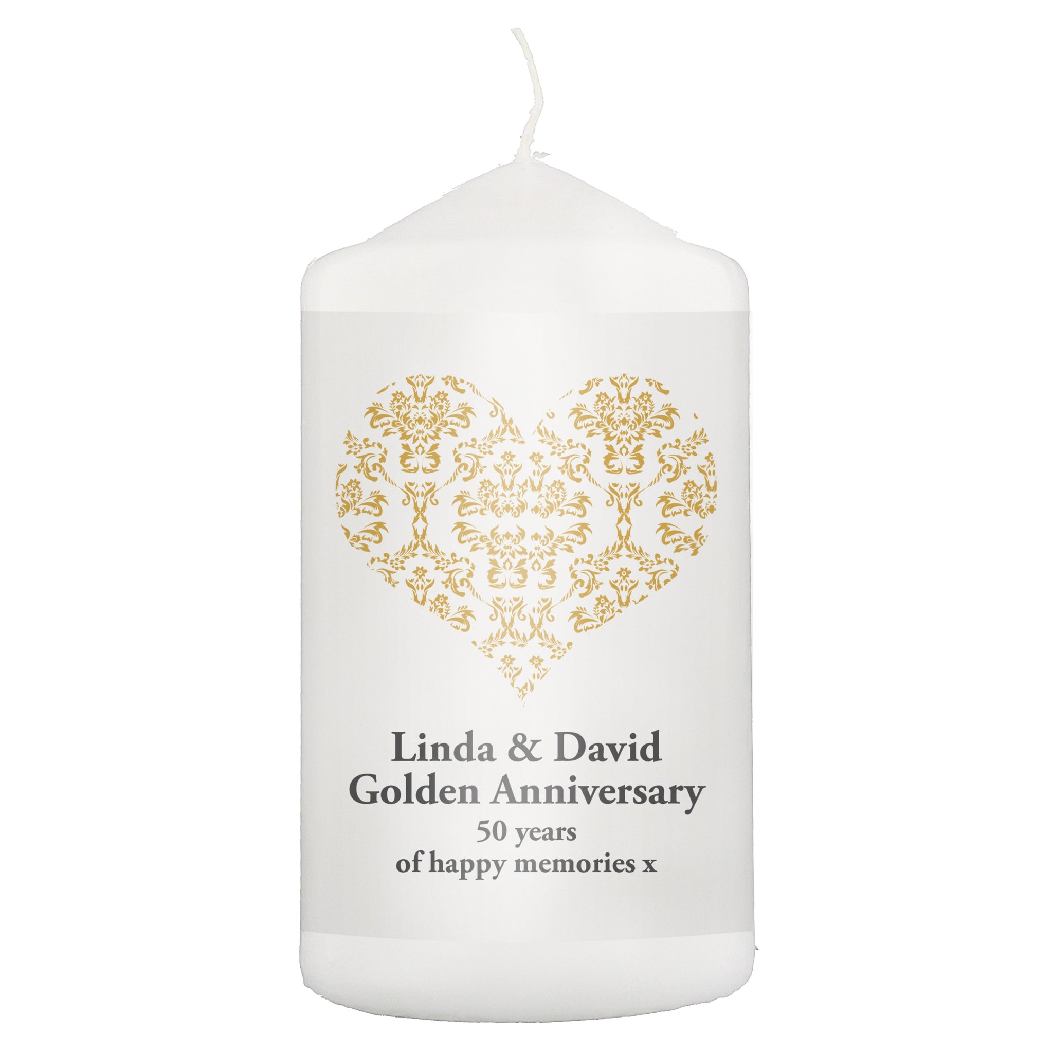 Personalised Gold Damask Heart Pillar Candle: 2 - Candles By Gift Moments
