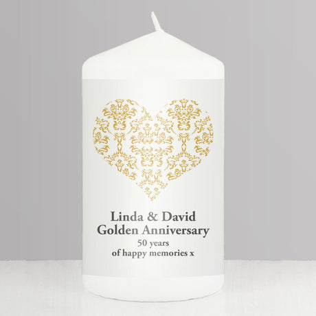 Personalised Gold Damask Heart Pillar Candle: 1 - Candles By Gift Moments