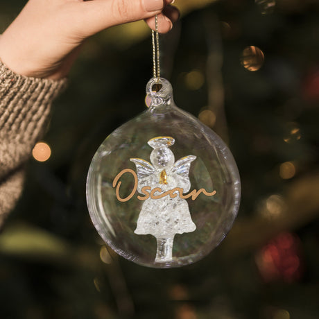 Personalised Gold Glitter Glass Baubles: 5 - Angel - Christmas Baubles By Gift Moments