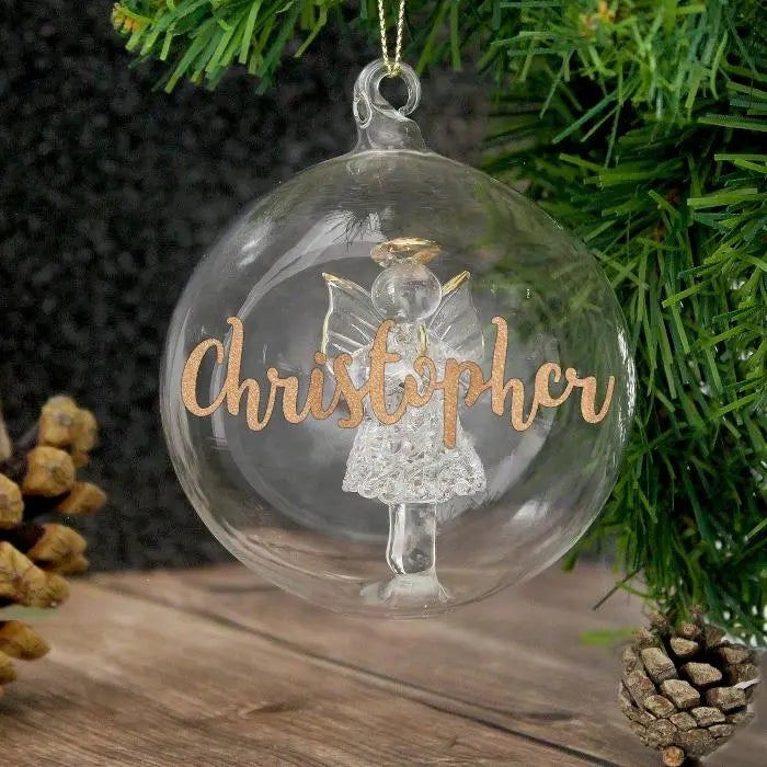 Personalised Gold Glitter Christmas Bauble: 3 - Angel - Christmas Baubles By Gift Moments