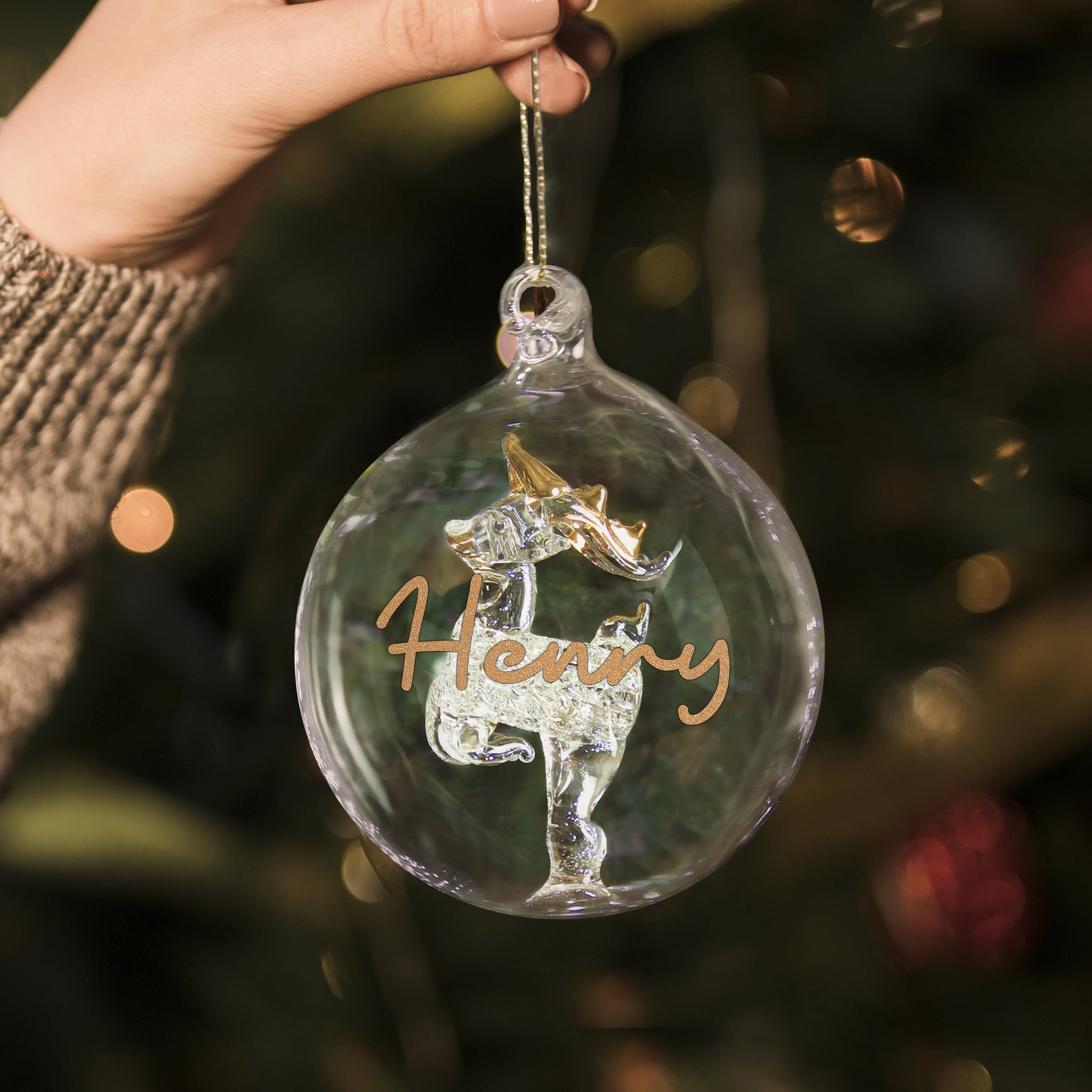 Personalised Gold Glitter Glass Baubles: 6 - Reindeer - Christmas Baubles By Gift Moments
