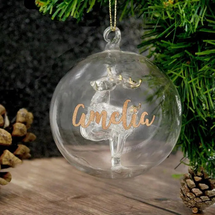 Personalised Gold Glitter Christmas Bauble: 2 - Reindeer - Christmas Baubles By Gift Moments