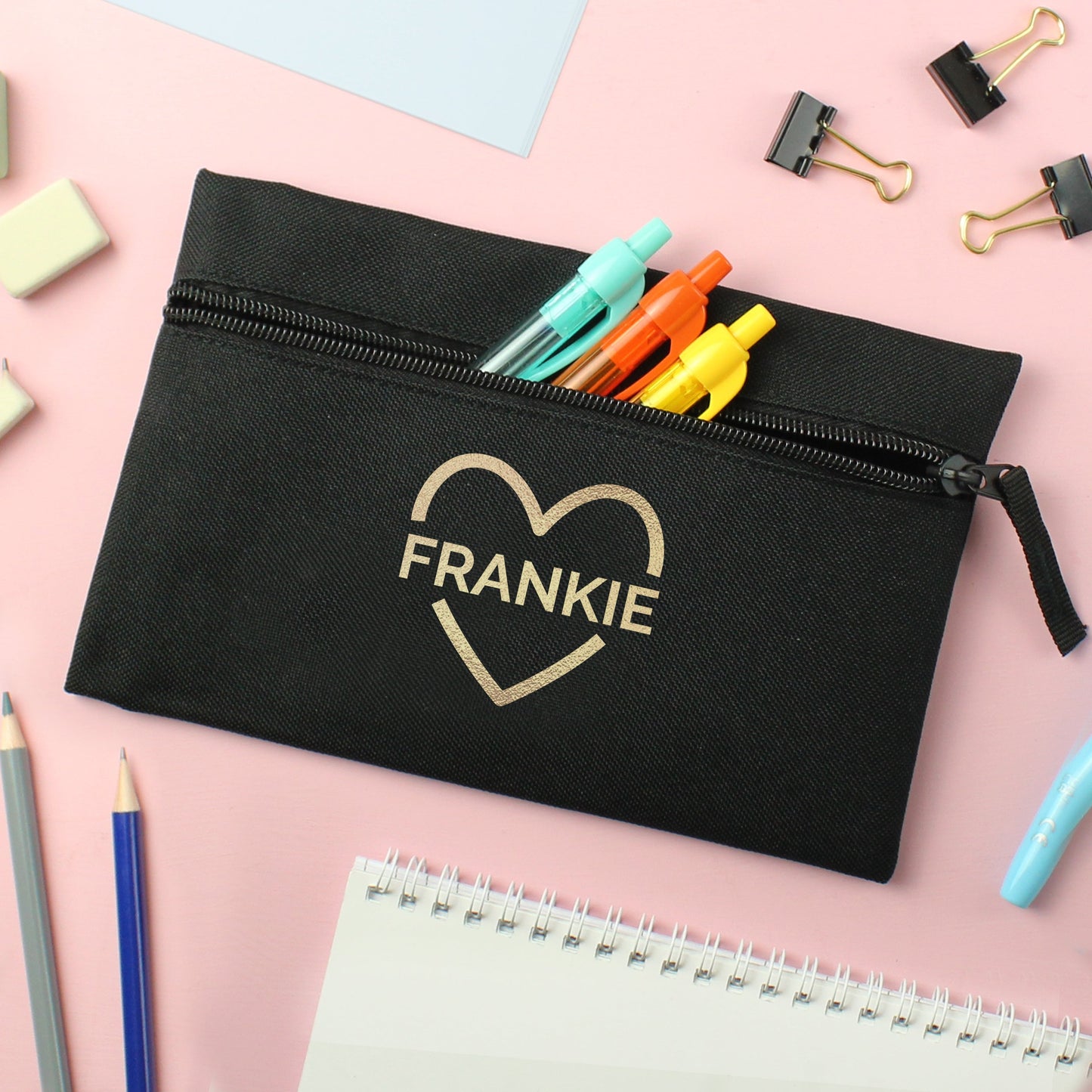 Personalised Gold Heart Black Pencil Case: 1 - Pencil Cases & Sets By Gift Moments