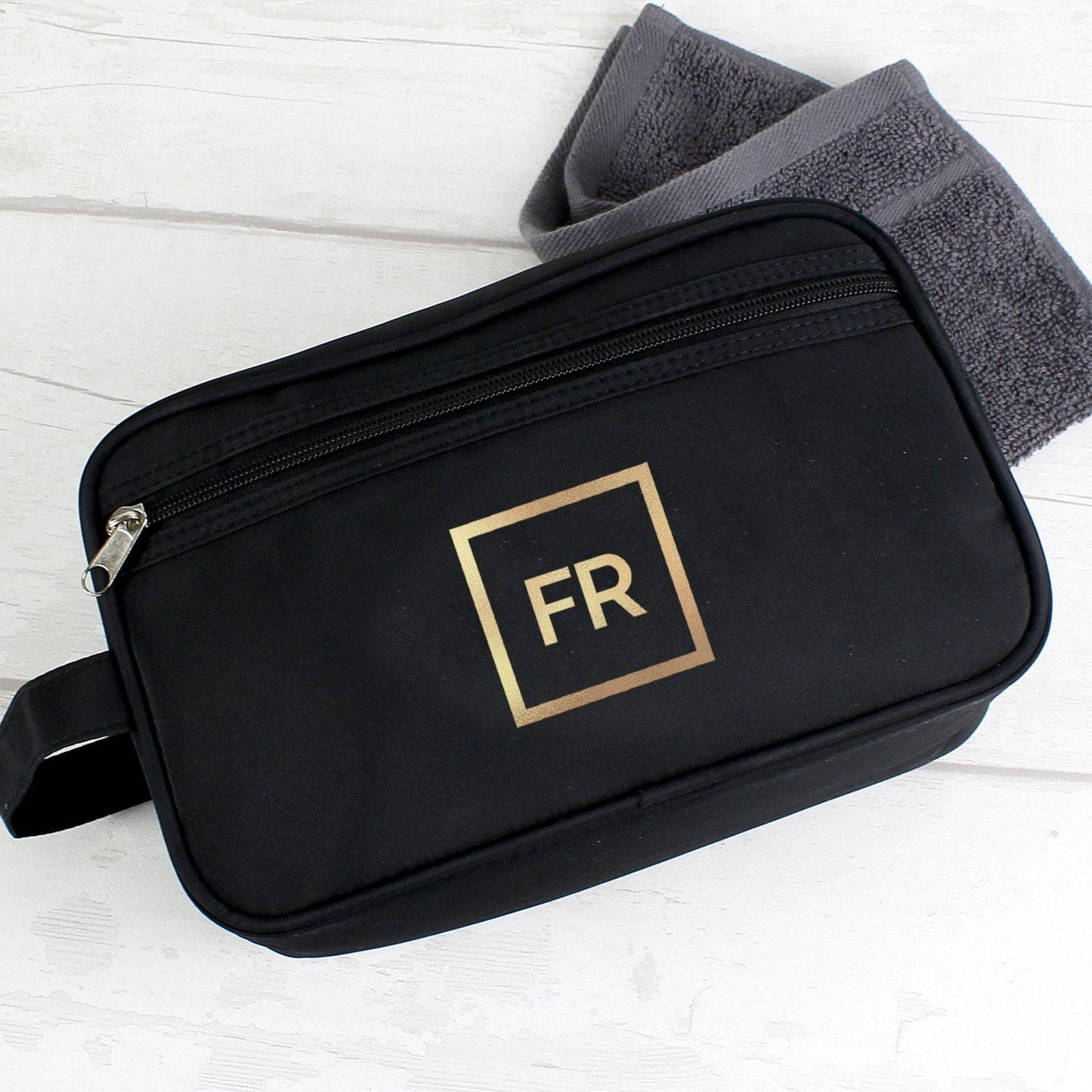 Personalised Gold Initials Black Toiletry Bag: 1 - Toiletry & Makeup Bags By Gift Moments