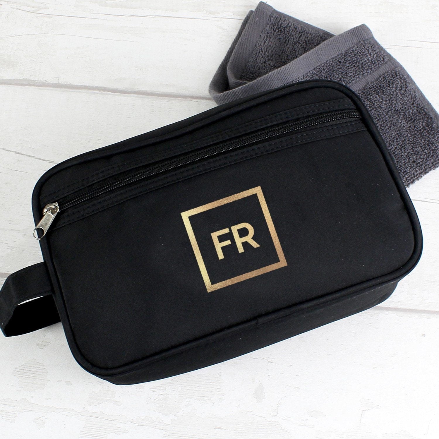 Personalised Gold Initials Black Toiletry Bag: 1 - Toiletry & Makeup Bags By Gift Moments