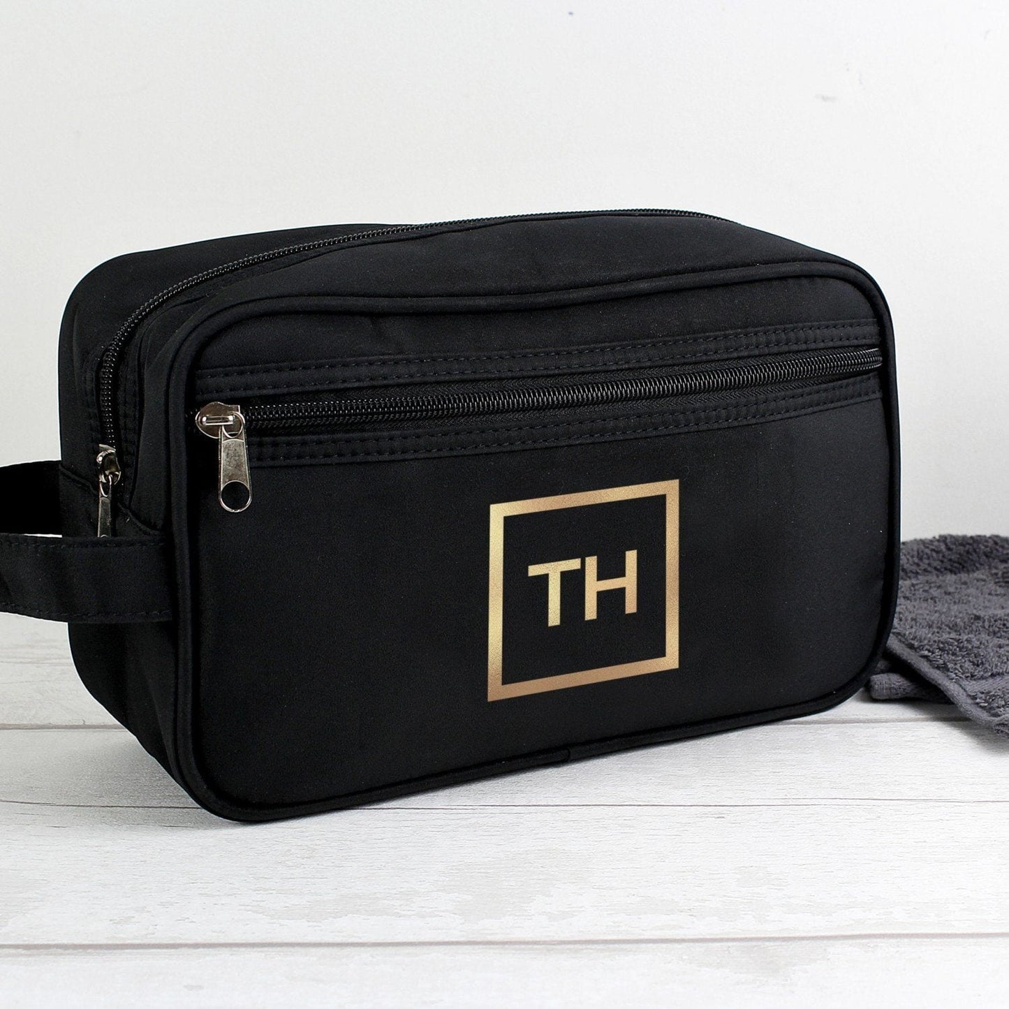 Personalised Gold Initials Black Toiletry Bag: 2 - Toiletry & Makeup Bags By Gift Moments