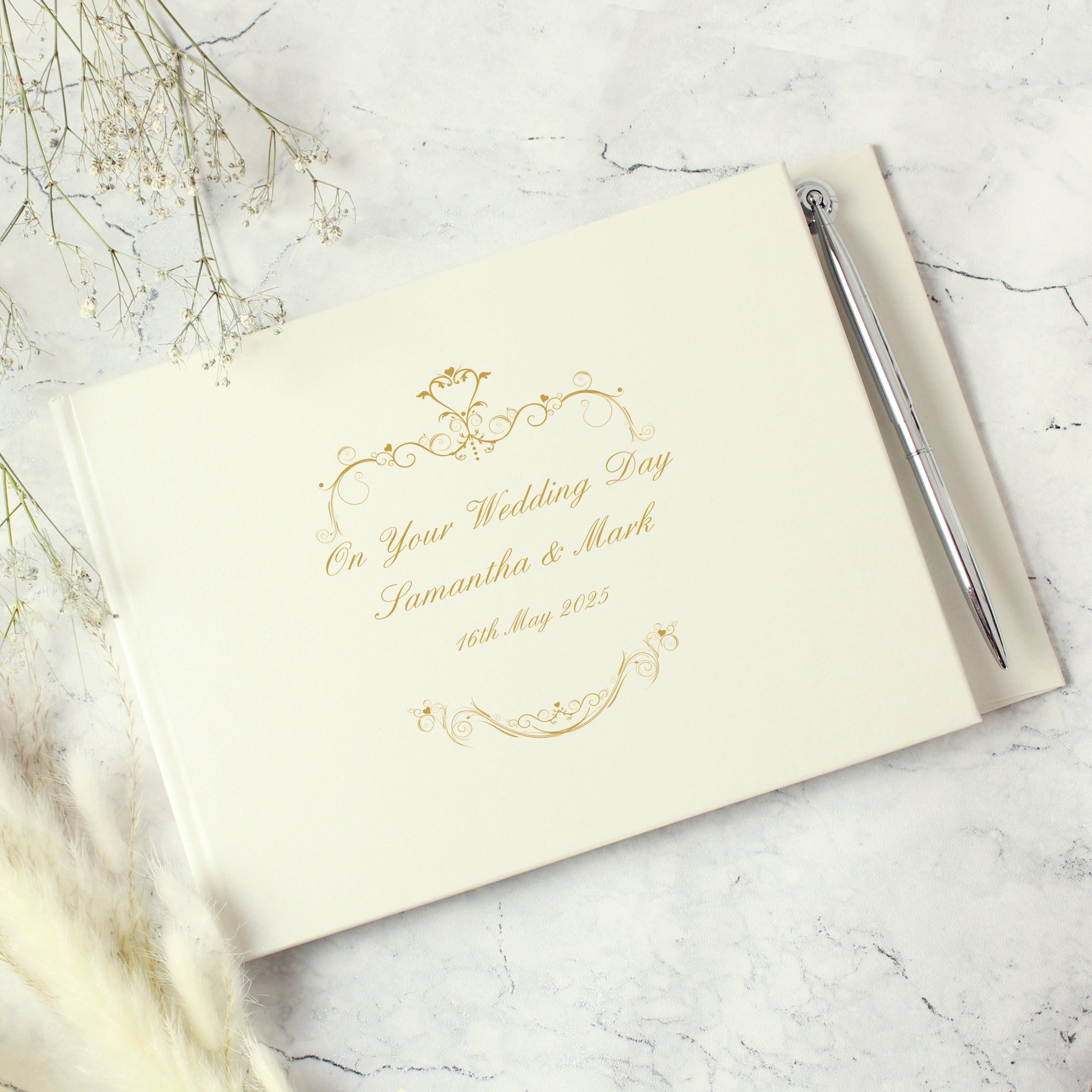 Personalised Gold Ornate Swirl Hardback Guest Book & Pen: 5 - Guest Books By Gift Moments