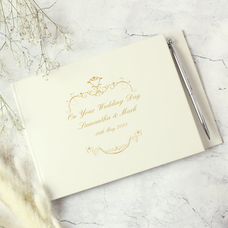Personalised Gold Ornate Swirl Hardback Guest Book & Pen: 5 - Guest Books By Gift Moments
