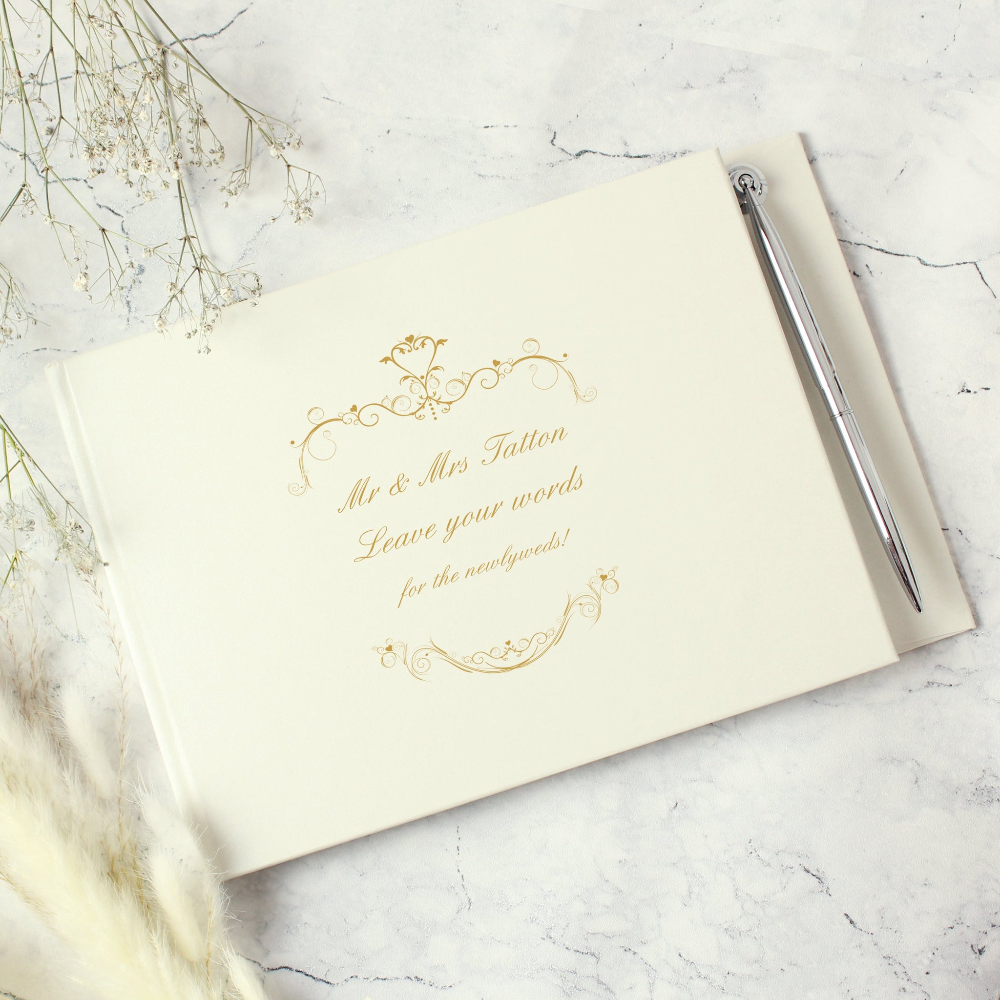 Personalised Gold Ornate Swirl Hardback Guest Book & Pen: 2 - Guest Books By Gift Moments
