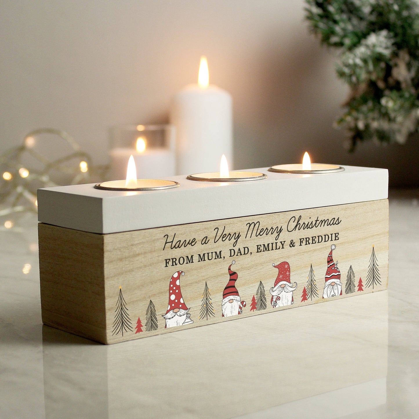Personalised Gonk Christmas Triple Tea Light Box: 2 - Candle Holders By Gift Moments