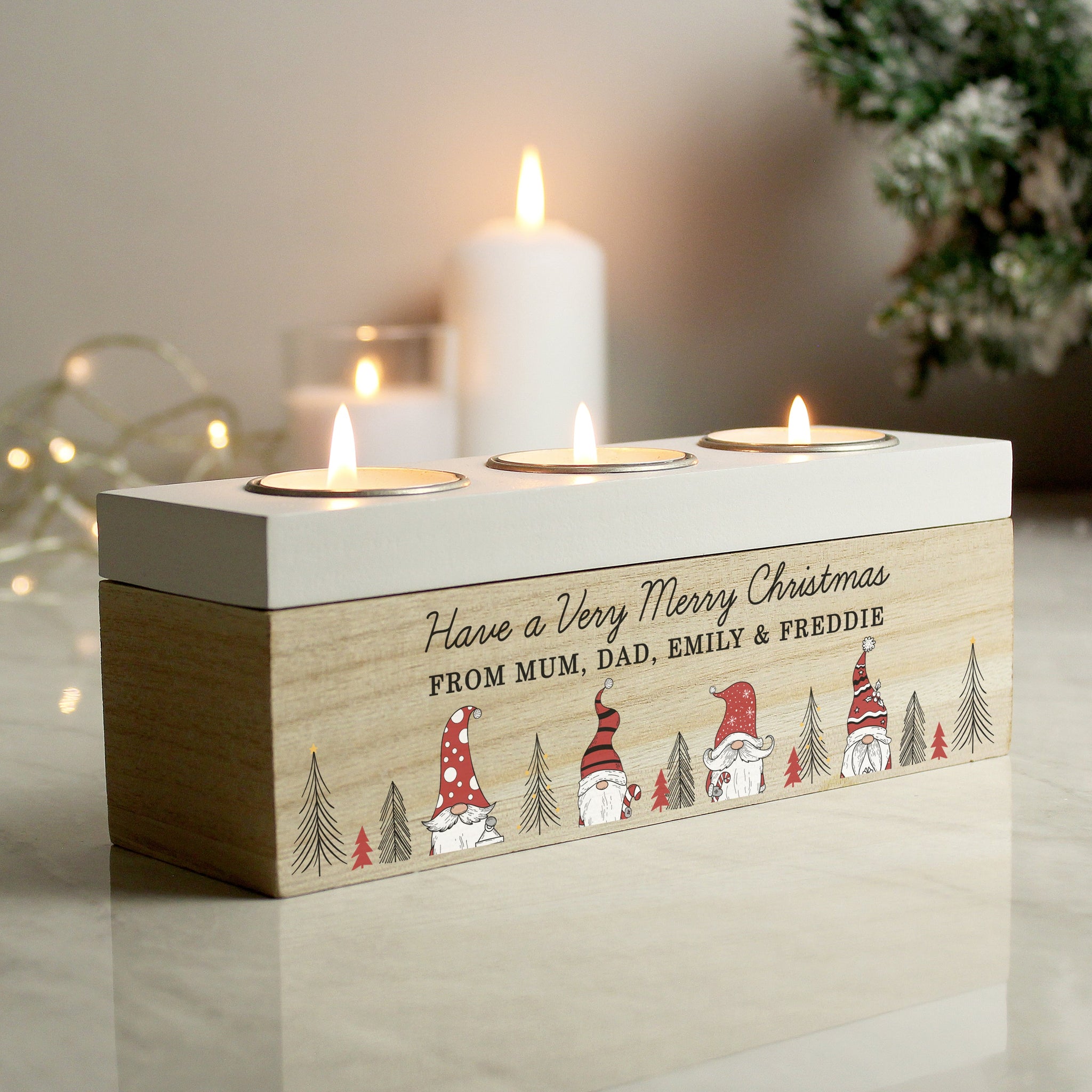 Personalised Gonk Christmas Triple Tea Light Box: 2 - Candle Holders By Gift Moments