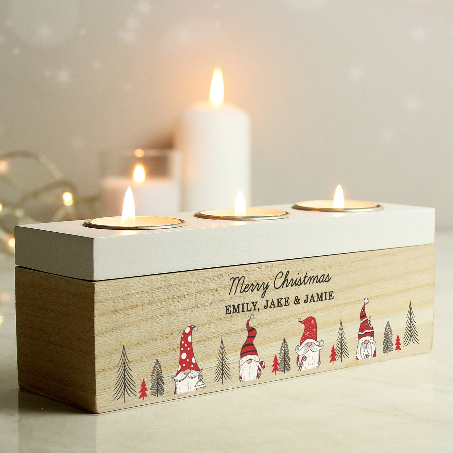 Personalised Gonk Christmas Triple Tea Light Box: 3 - Candle Holders By Gift Moments