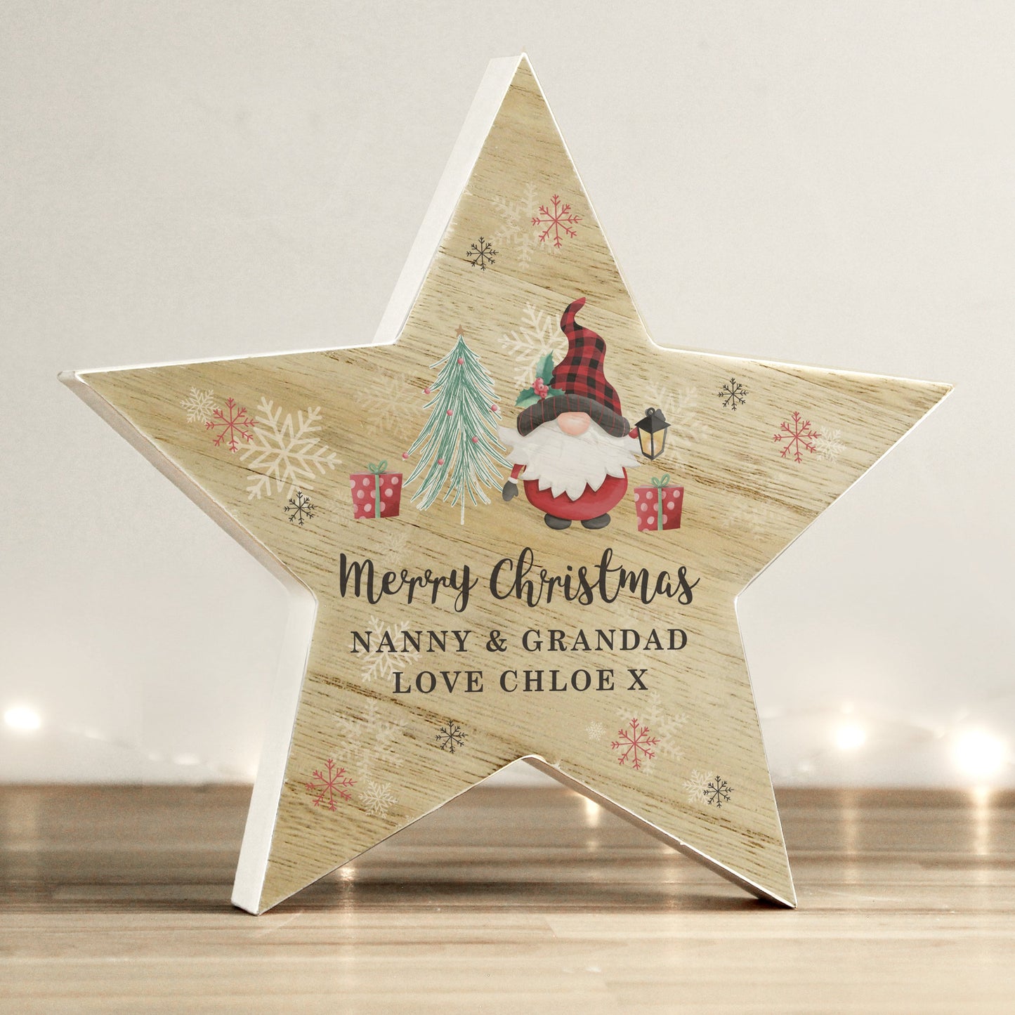 Personalised Gonk Christmas Wooden Star Ornament: 4 - Christmas Decorations By Gift Moments