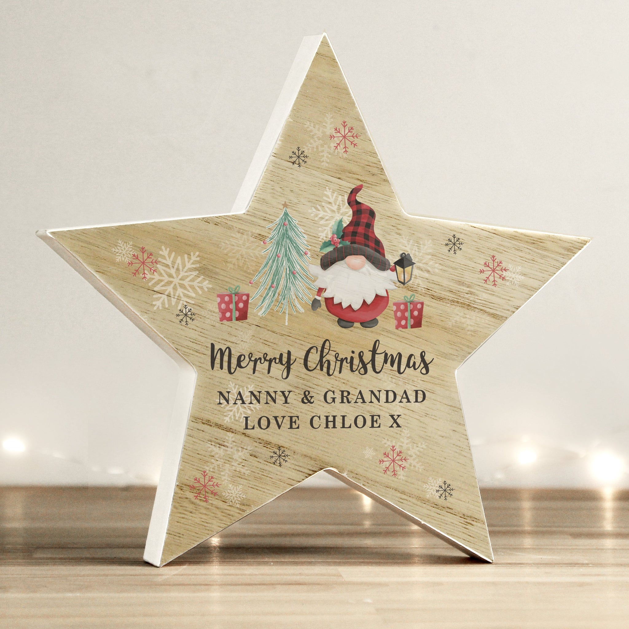 Personalised Gonk Christmas Wooden Star Ornament: 4 - Christmas Decorations By Gift Moments