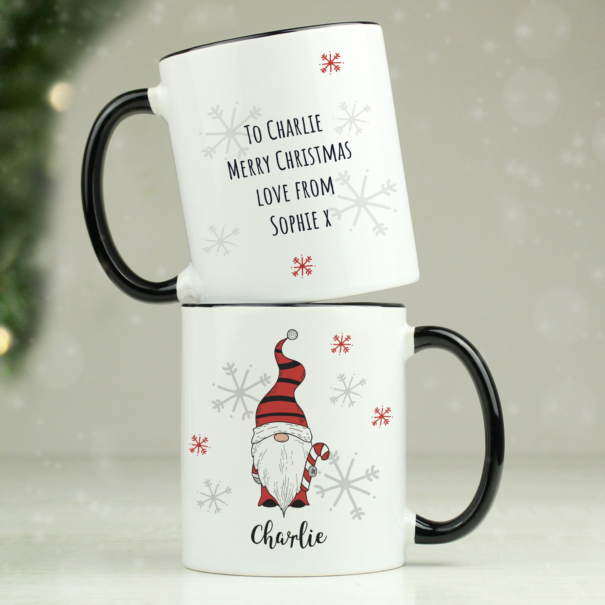 Personalised Gonk Family Black Handled Christmas Mugs: 3 - Mugs By Gift Moments