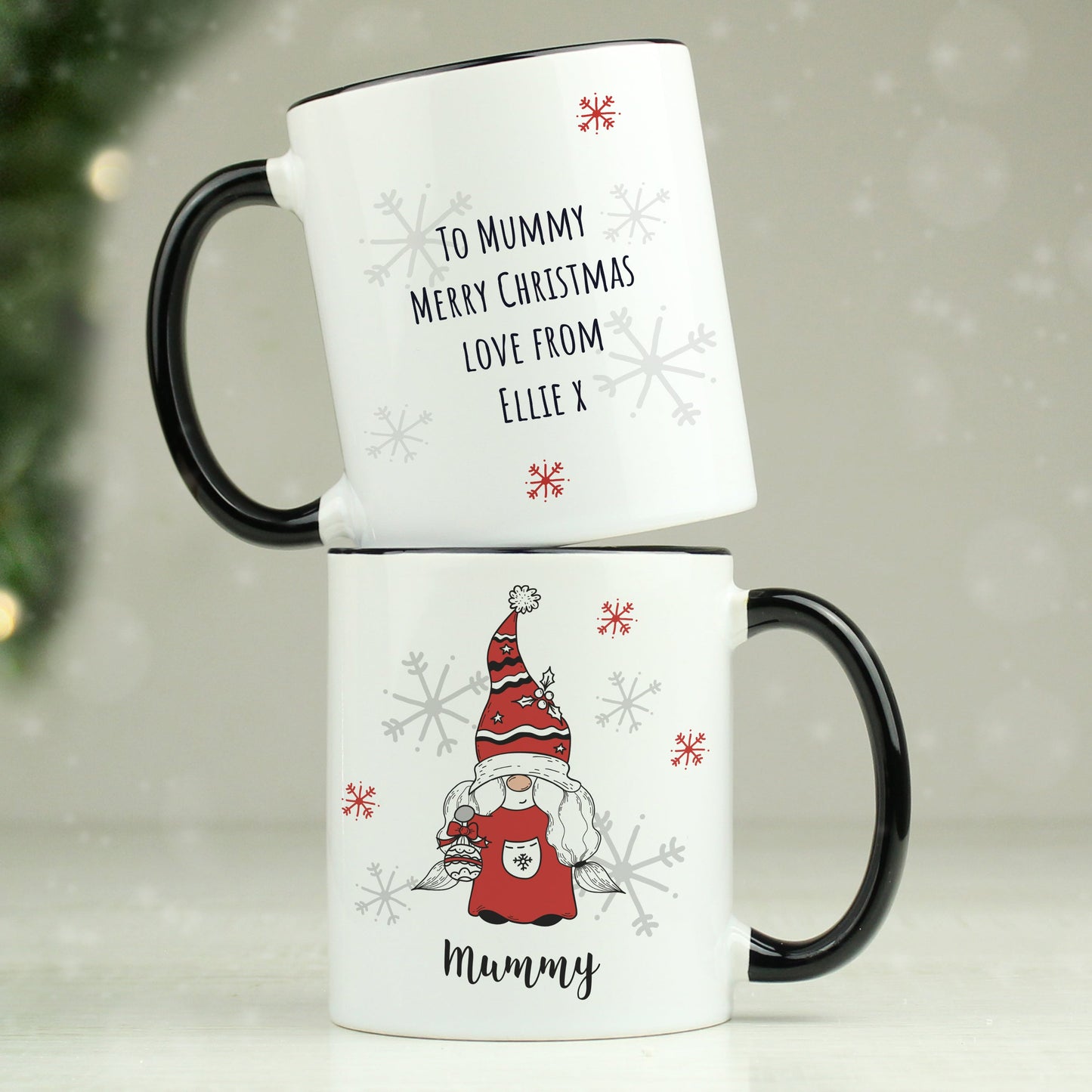 Personalised Gonk Family Black Handled Christmas Mugs: 2 - Mugs By Gift Moments