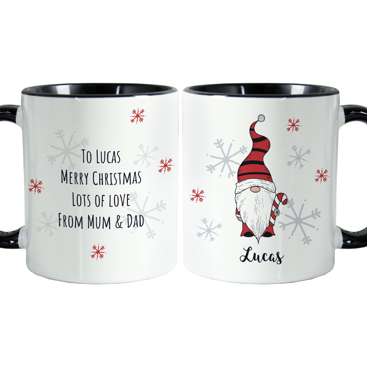 Personalised Gonk Family Black Handled Christmas Mugs: 15 - Mugs By Gift Moments