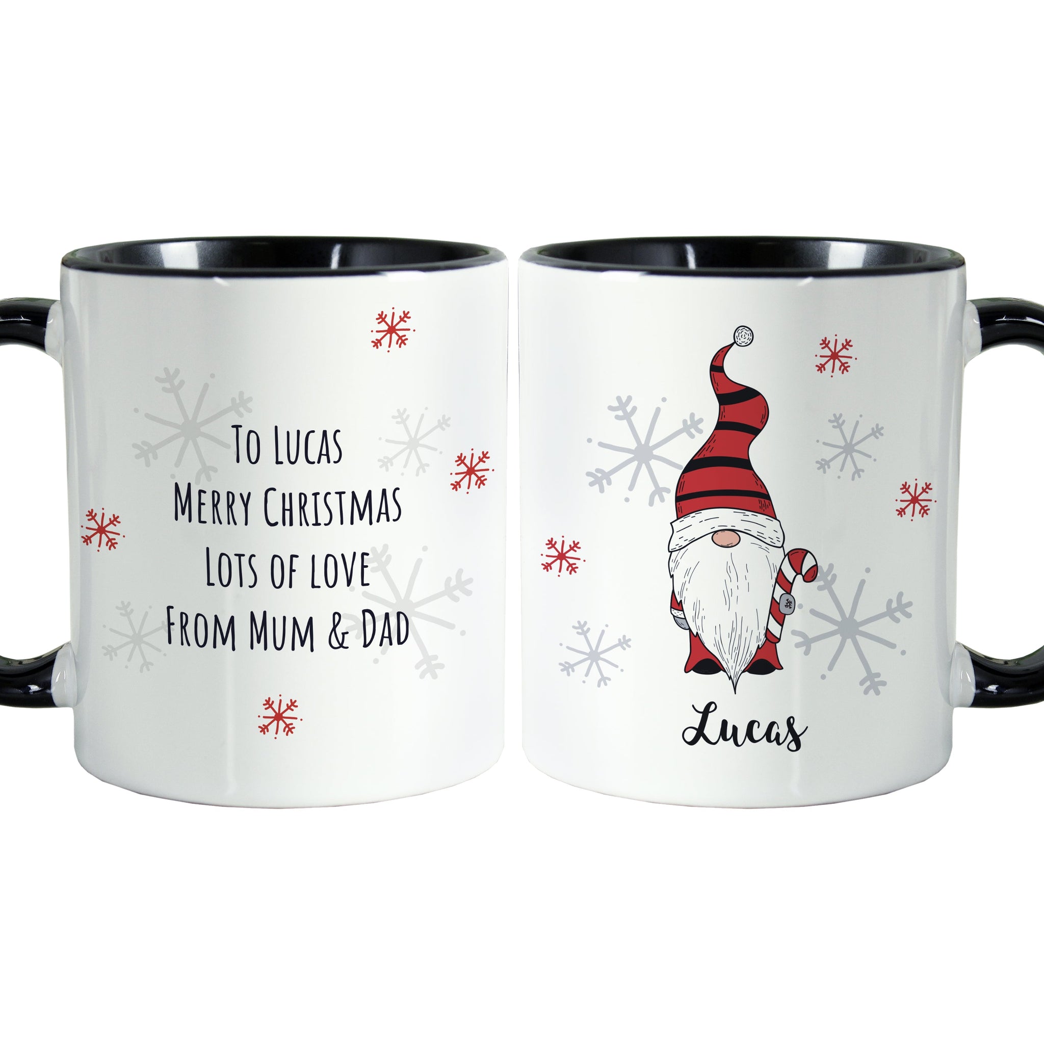 Personalised Gonk Family Black Handled Christmas Mugs: 15 - Mugs By Gift Moments