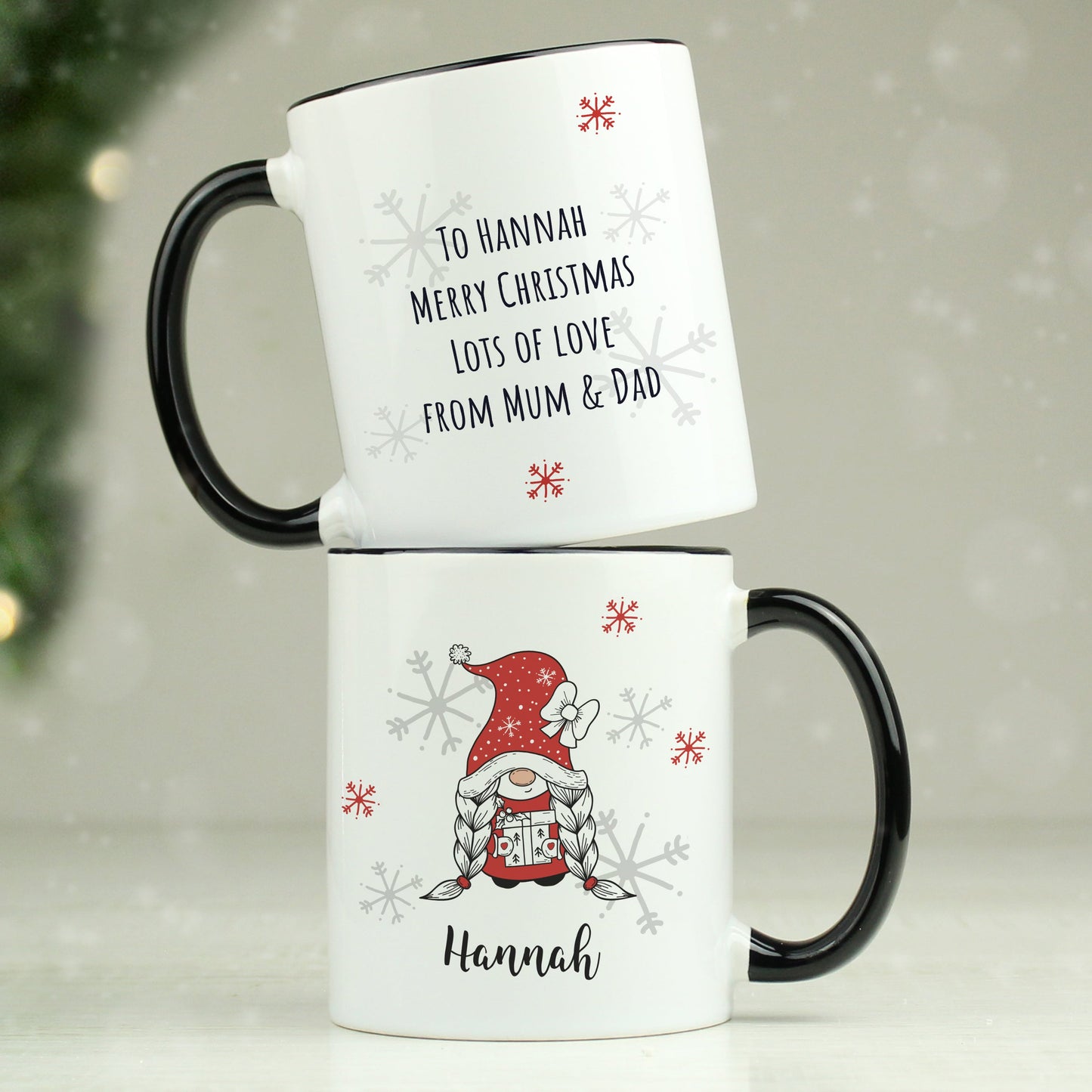Personalised Gonk Family Black Handled Christmas Mugs: 4 - Mugs By Gift Moments
