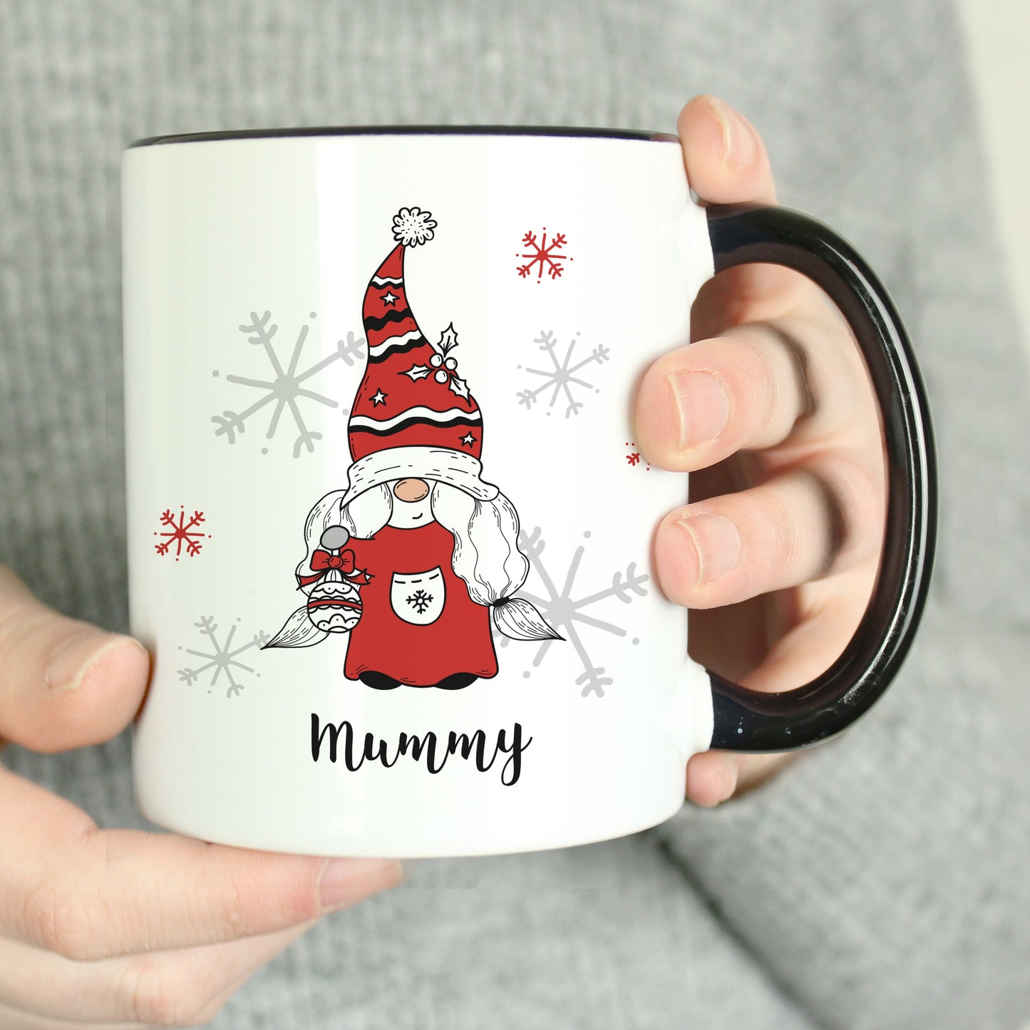 Personalised Gonk Family Black Handled Christmas Mugs: 6 - Mugs By Gift Moments