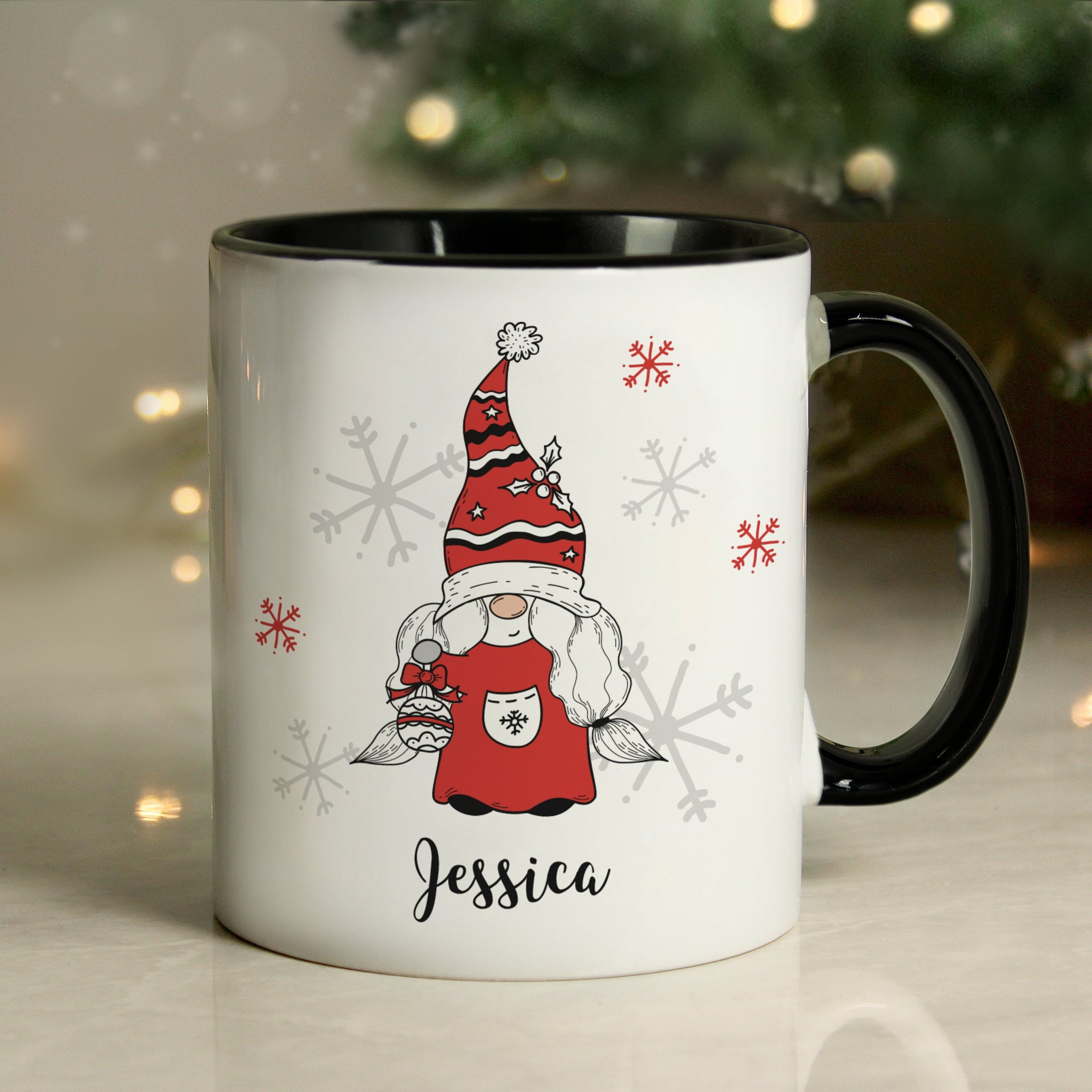 Personalised Gonk Family Black Handled Christmas Mugs: 10 - Female - Mugs By Gift Moments