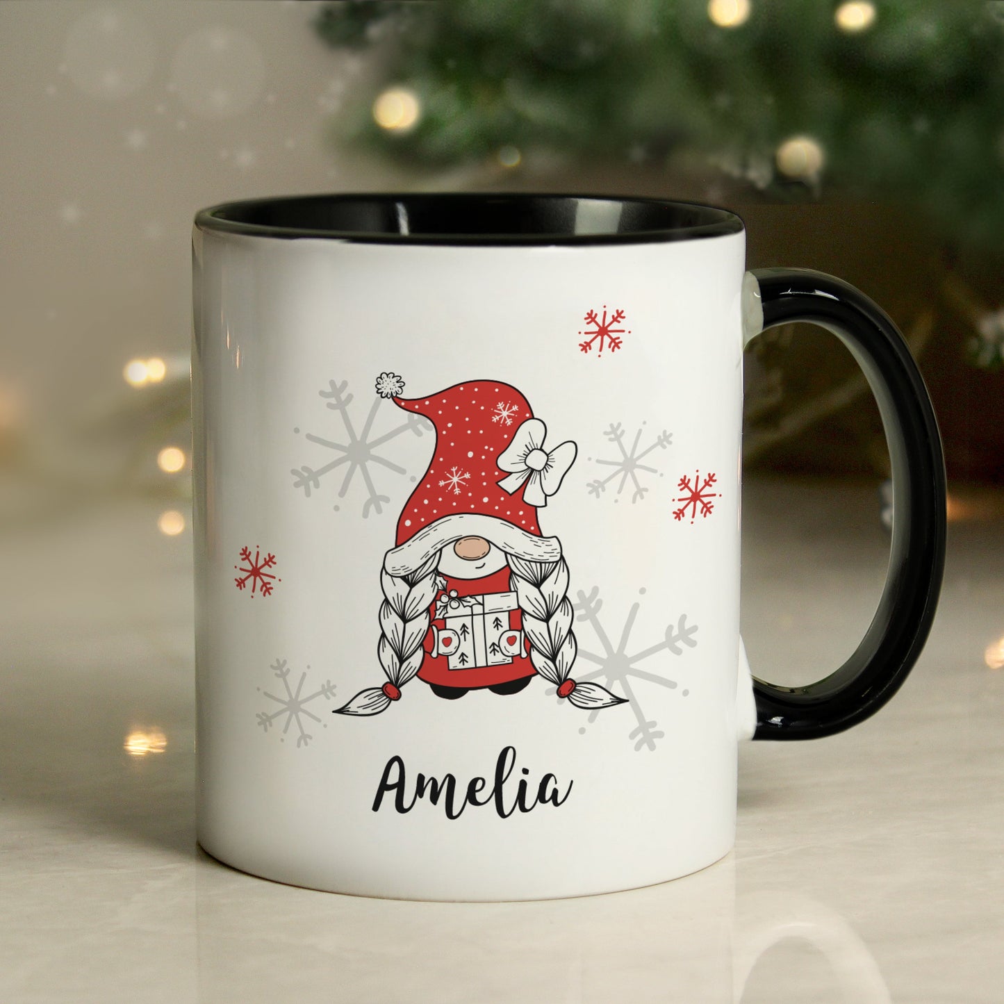 Personalised Gonk Family Black Handled Christmas Mugs: 12 - Girl - Mugs By Gift Moments