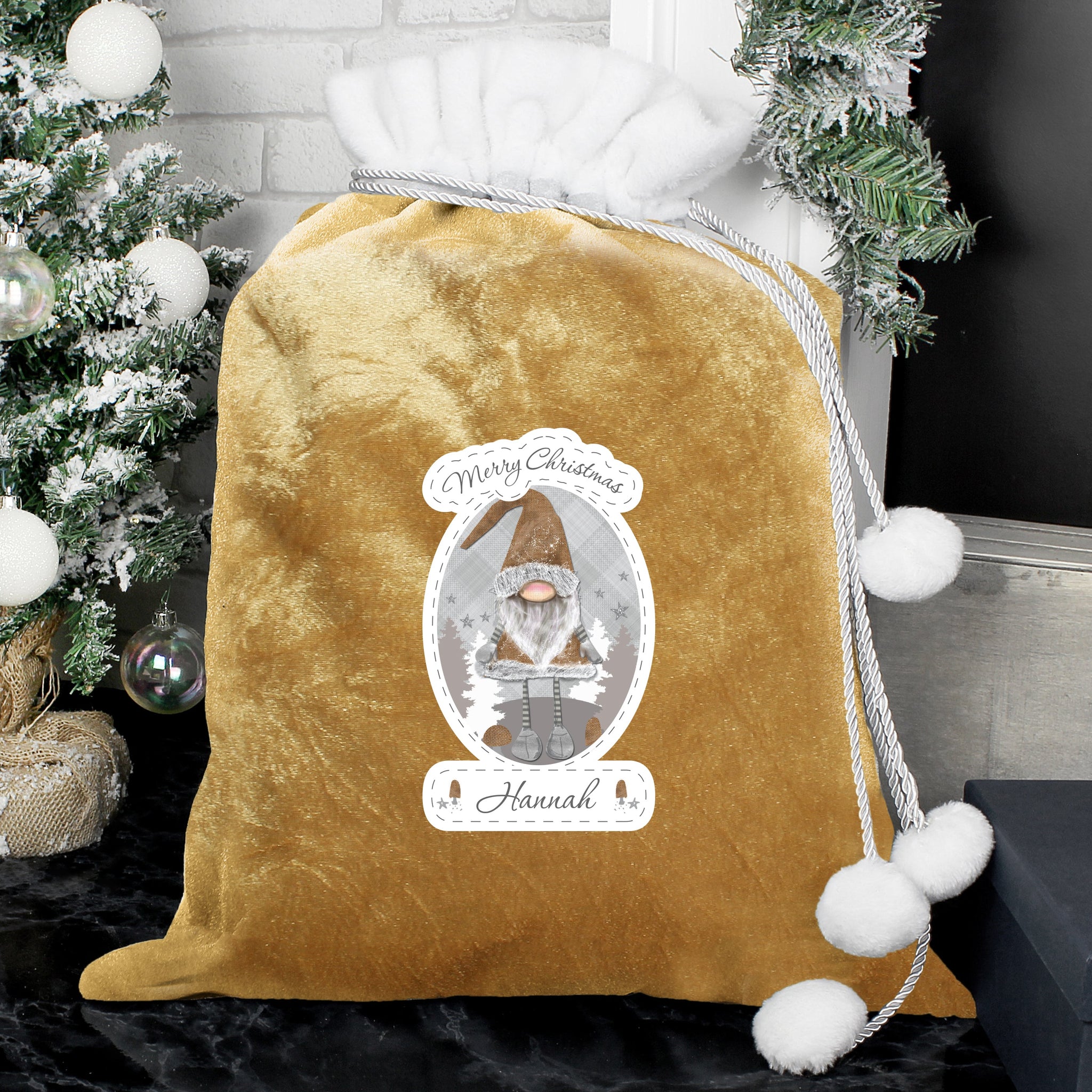 Personalised Gonk Luxury Pom Pom Gold Sack: 2 - Christmas Sacks By Gift Moments