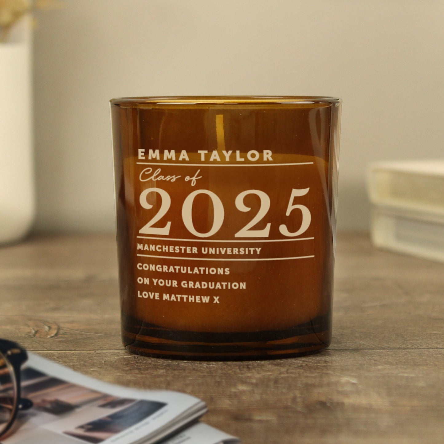 Personalised Graduation Amber Glass Candle: 7 - Candles By Gift Moments